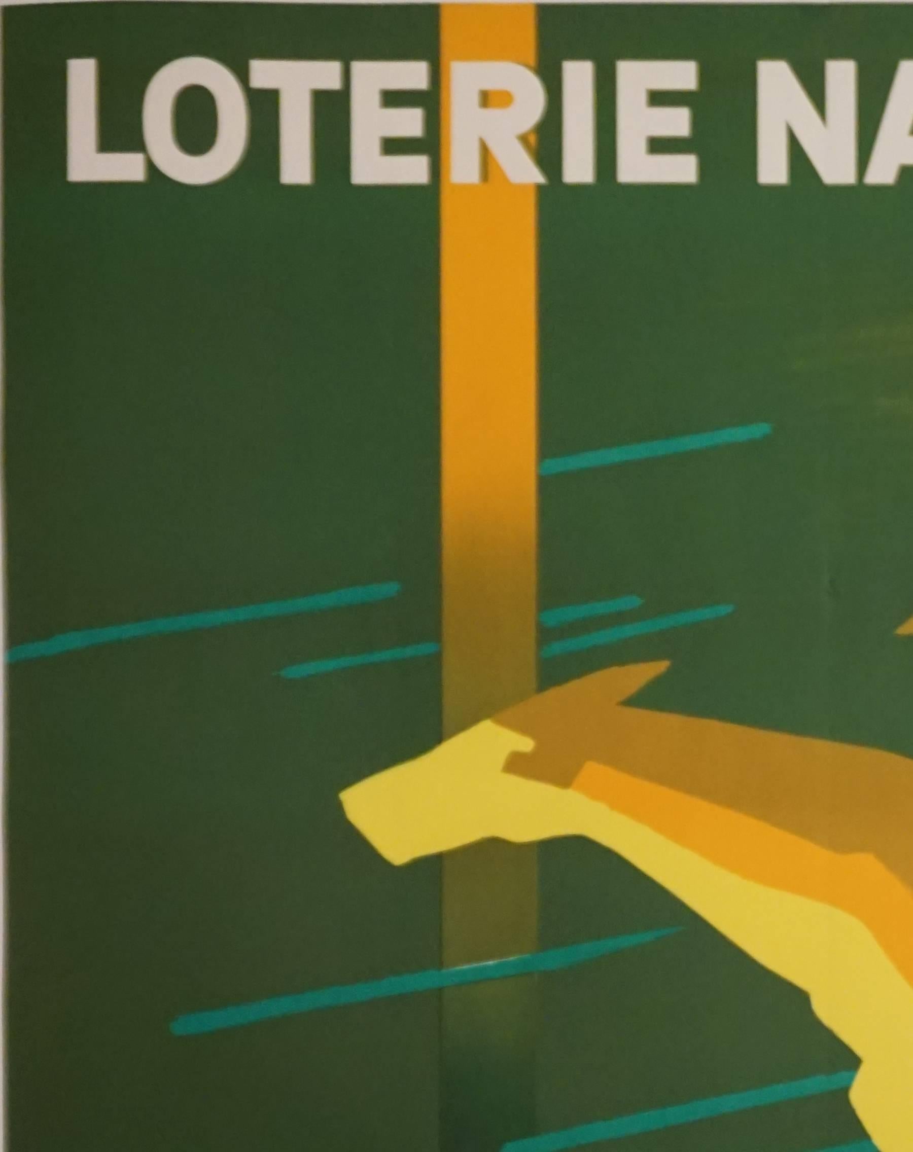 This is a French Mid-Century Modern period advertising poster for Loterie Nationale Grand Prix de Paris by Paul Colin. This magnificently designed poster features the abstract Silhouette of a horse and its jockey emerging from the right side of the