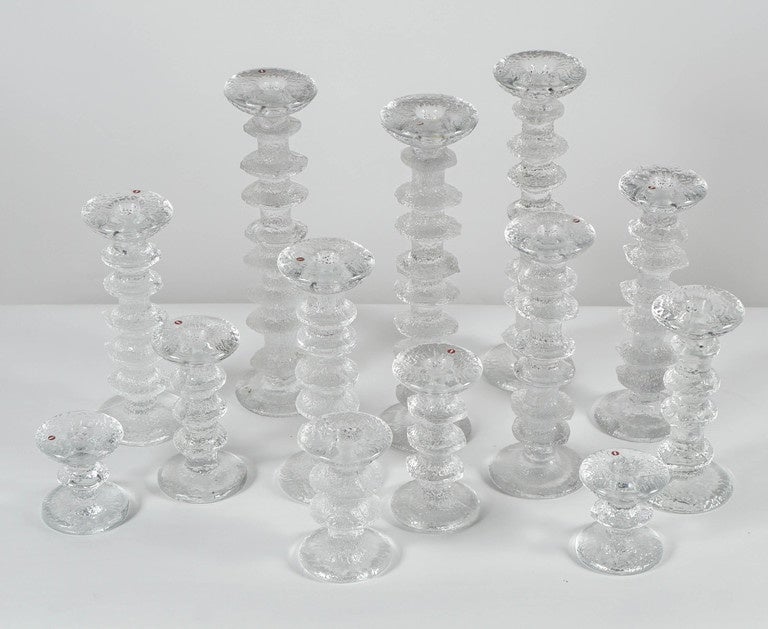 Great set of 13 vintage glass candlesticks by Timo Sarpaneva for Iittala.
They range from 12