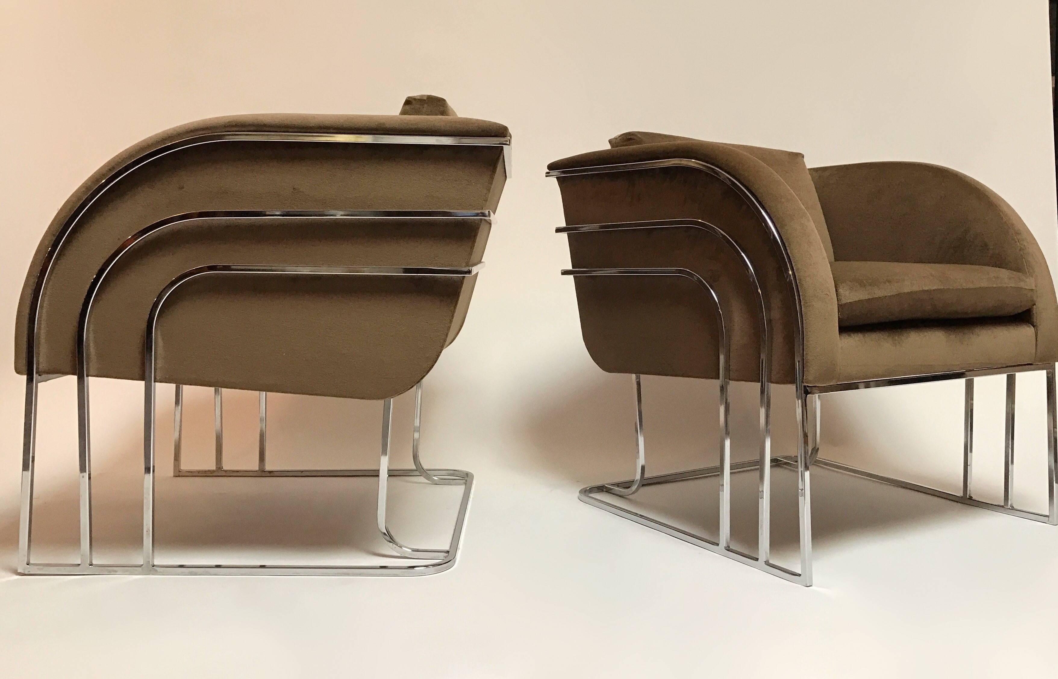 Absolutely gorgeous pair of chrome lounge chairs by Milo Baughman for Thayer Coggin. Sculptural waterfall design. Newly reupholstered in a Holly Hunt velvet fabric. Stunning! Incredibly comfortable and nice proportions.