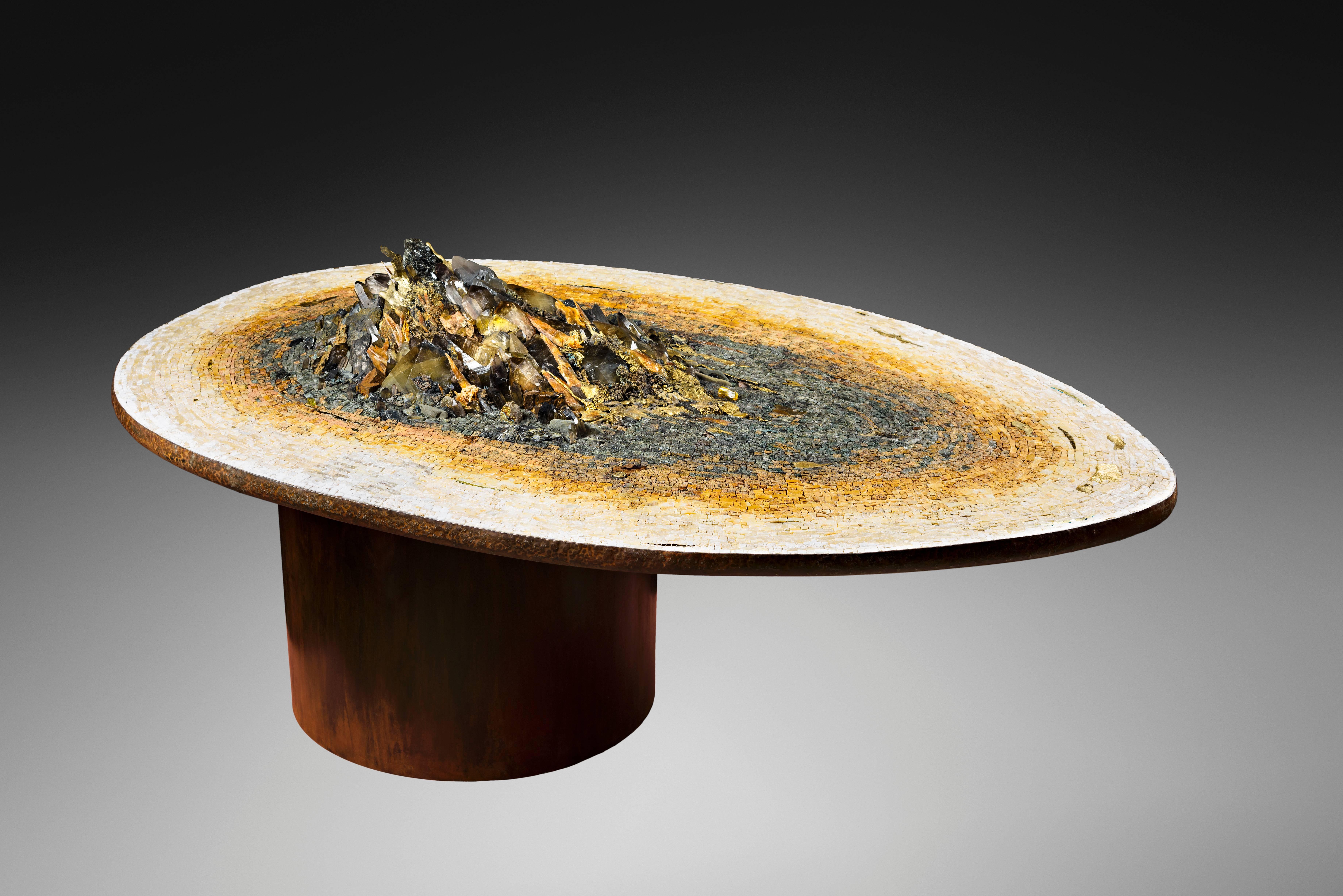 Béatrice Serre 2016, unique large genesis coffee table, top 83 x 135 cm, heigh 46 cm.
Patinated steel, amber, pyrite, quartzs , opales fire, gold enamel, bronze, onyx, granite, marble, aragonite, calcite, tourmaline, mica.
Unique piece, signed.