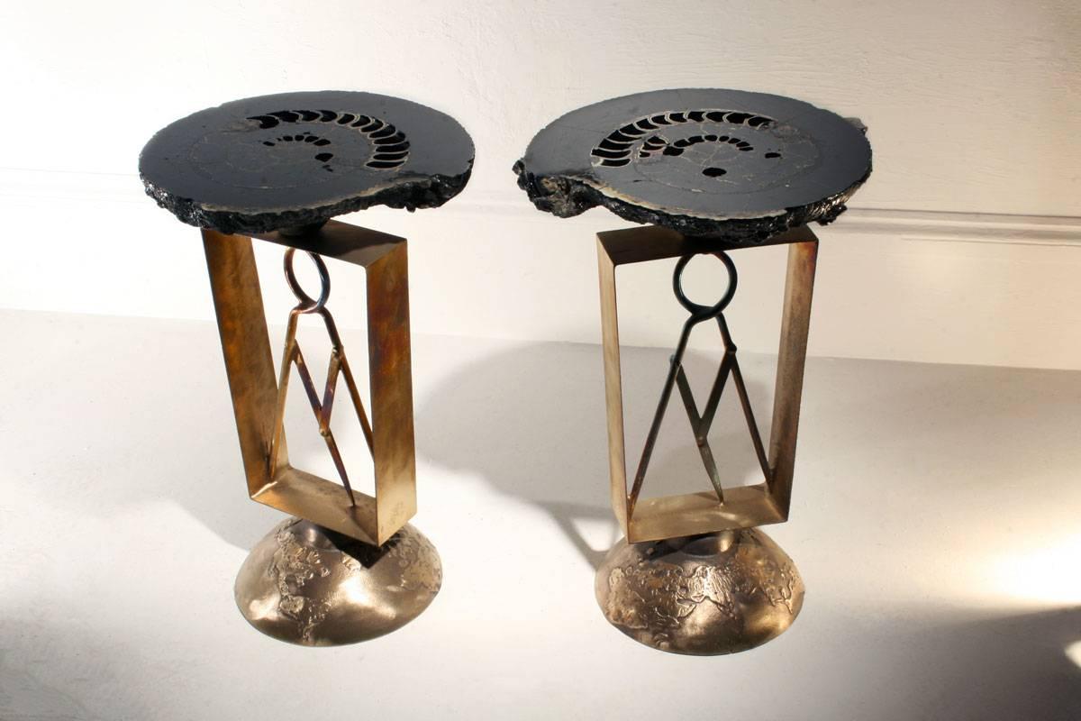Mark Brazier-Jones 2015, Unique pair of natural law coffee or side tables.
They are a unique pair of tables. 
Nine hundred million year old Russian ammonite fossils with pyrite inclusions mounted on cast bronze sculpture
Can be sold by a pair or