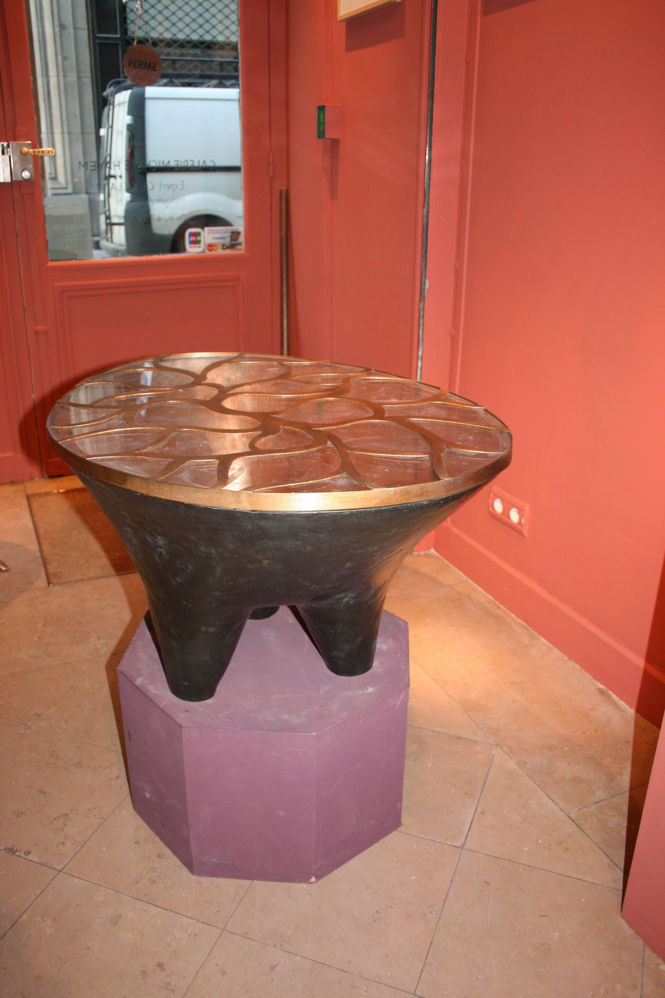 Patinated Franck Evennou 2013, Unique Bronze and Glass Dolmen Coffee Table