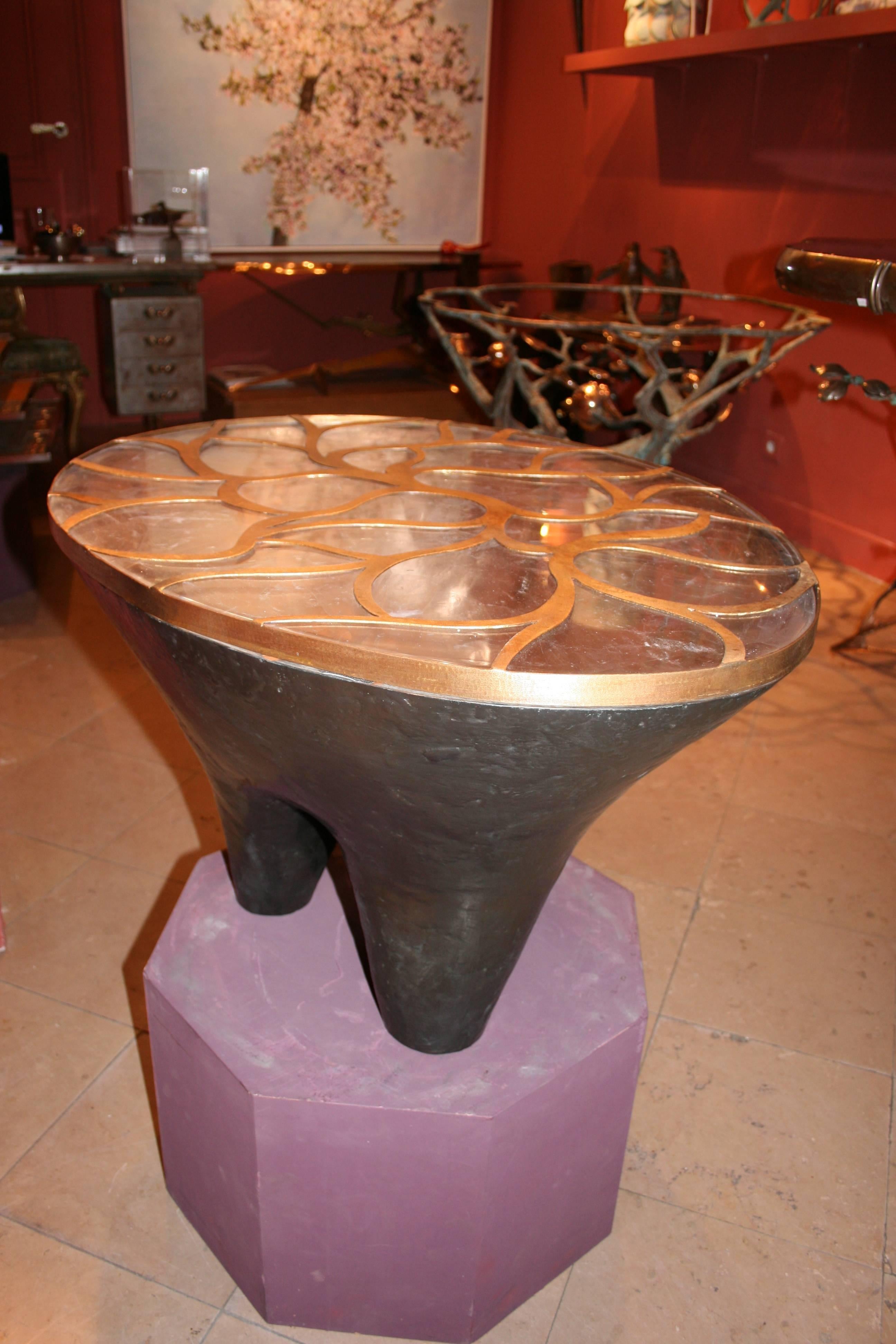 Franck Evennou 2013, Unique Bronze and Glass Dolmen Coffee Table In Excellent Condition In Paris, FR