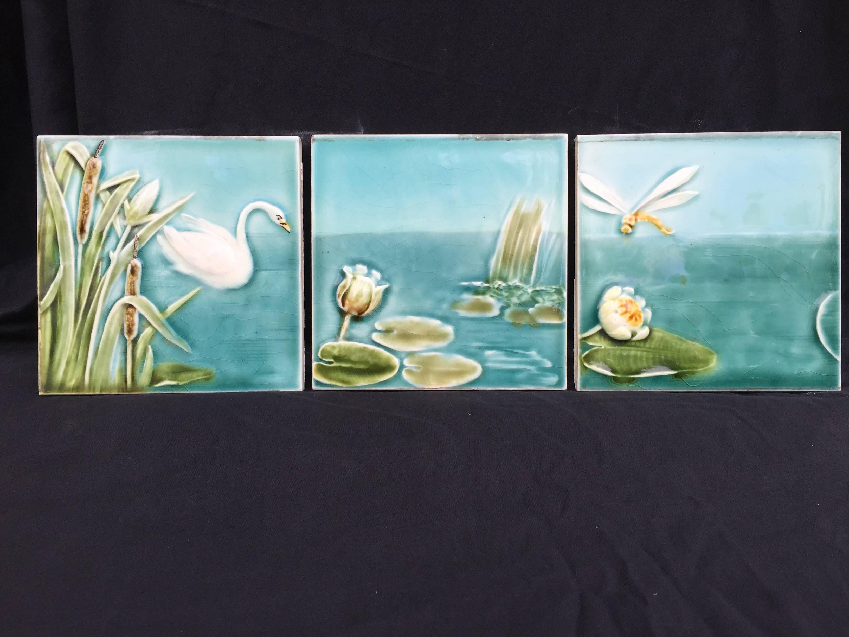 German Swan, Dragonfly and Lotus Art Nouveau Tile Collection, Beautiful Blue  FREE SHIP