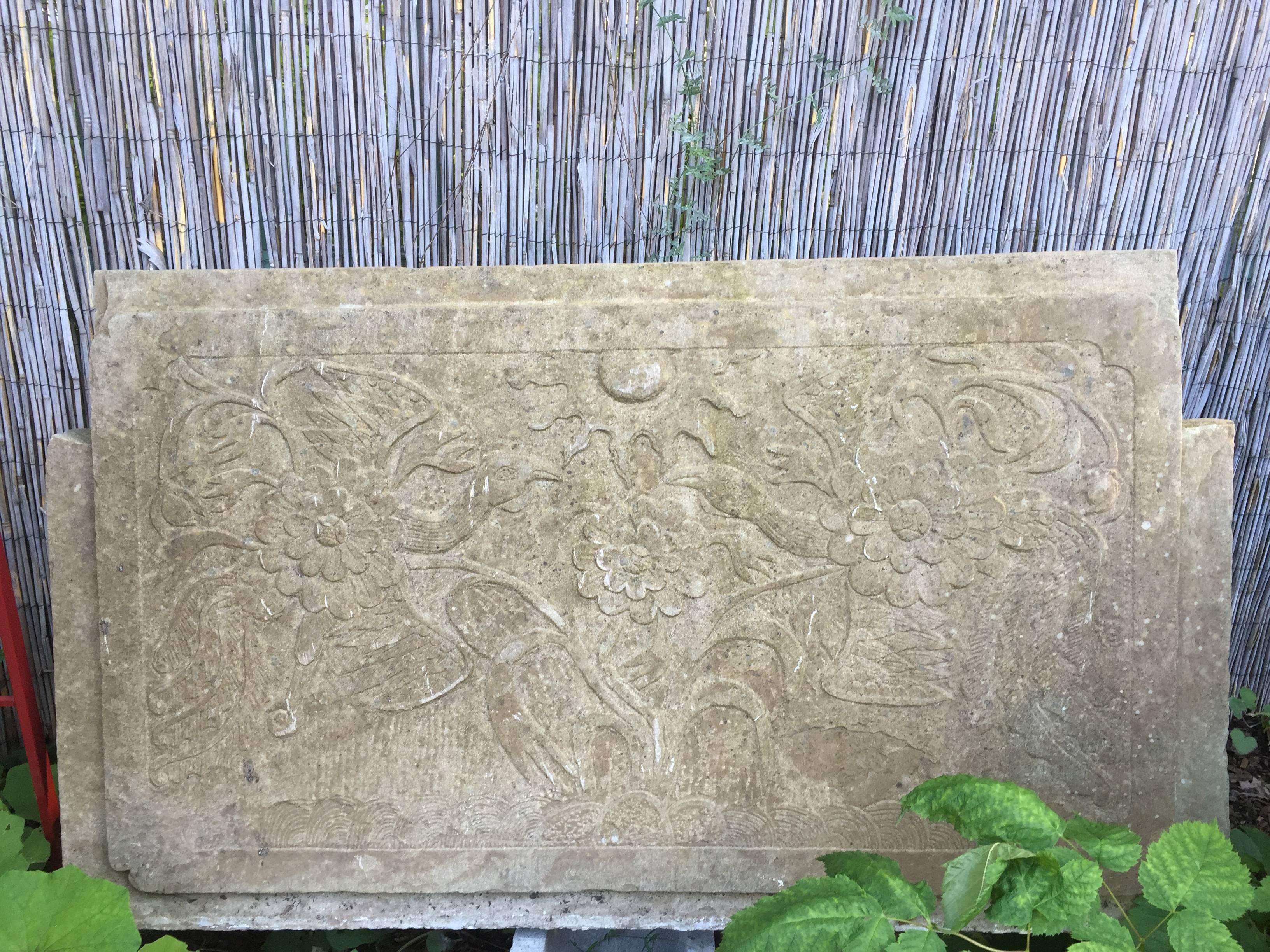 China a fine antique hand carved one-of-a-kind limestone -Double Phoenix-stone architectural panel or stele, Qing dynasty, 19th century. 

An excellent consideration for an indoor or  outdoor installation .

Dimensions: 23.5 inches high and 43