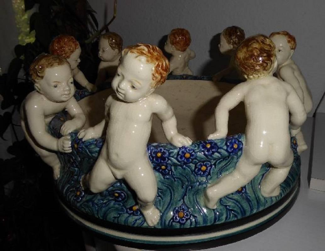 Art Nouveau Fine Antique Cherubs Putti Blue Porcelain Bowl, 15 inches diameter