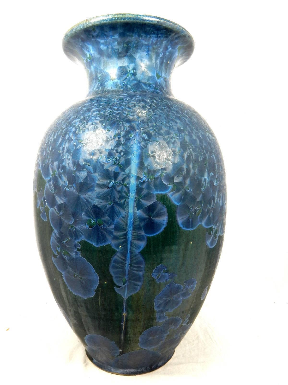 German Tall Arts and Crafts Blue Crystal Flower Glazed Vase Stunning Colors