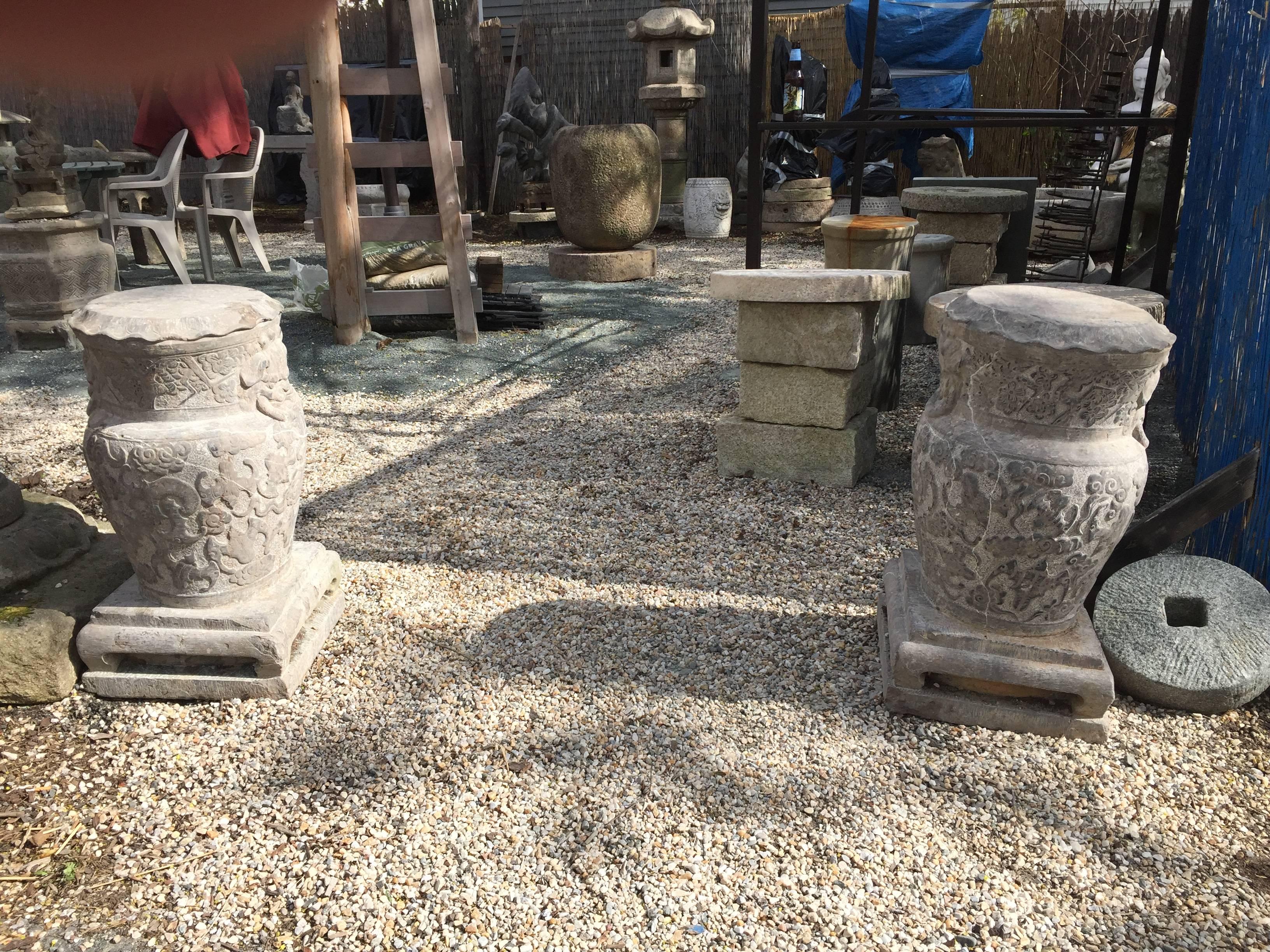 For your special garden

This substantial pair of older Chinese hand-carved solid limestone pedestals would make fine display bases for your favourite indoor or outdoor flower pots or sculptures. They might also decorate an impressive entry to your