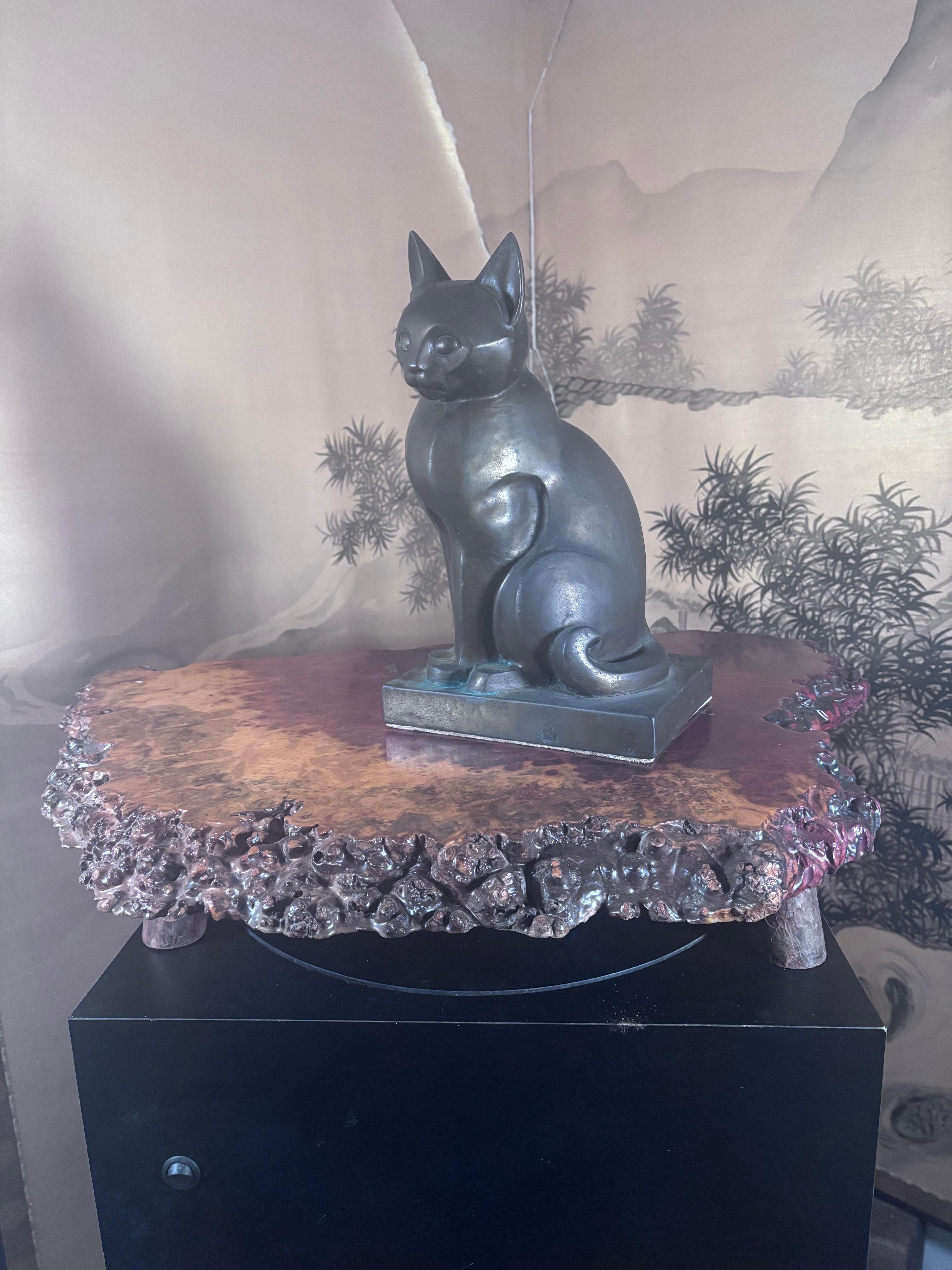 Japanese Big Hand Cast Bronze Cat Art Deco With Fine Details, Signed 4