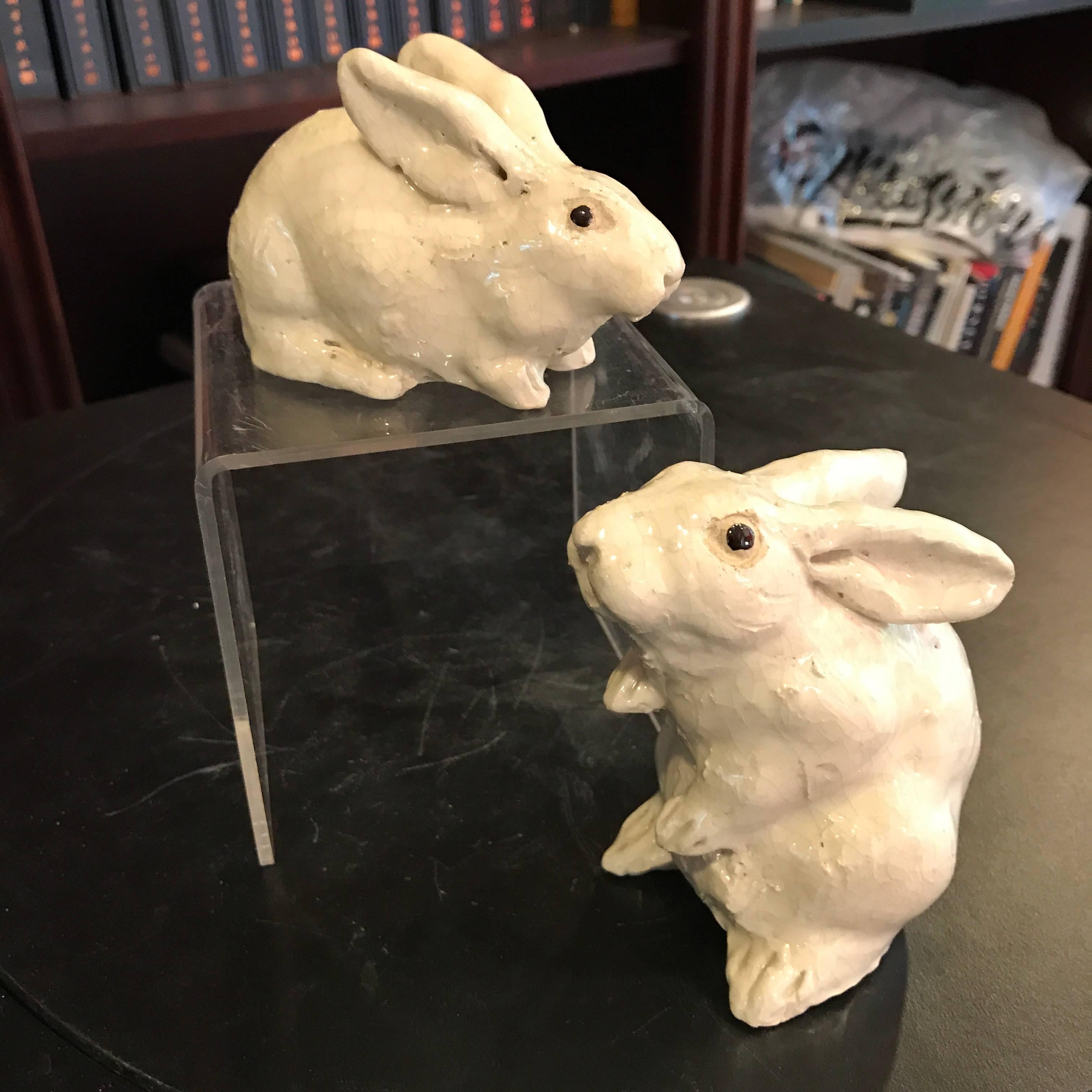Mid-Century Modern Japan Lovable Pair of Pure White Rabbits with Fine Craquelure Glazing
