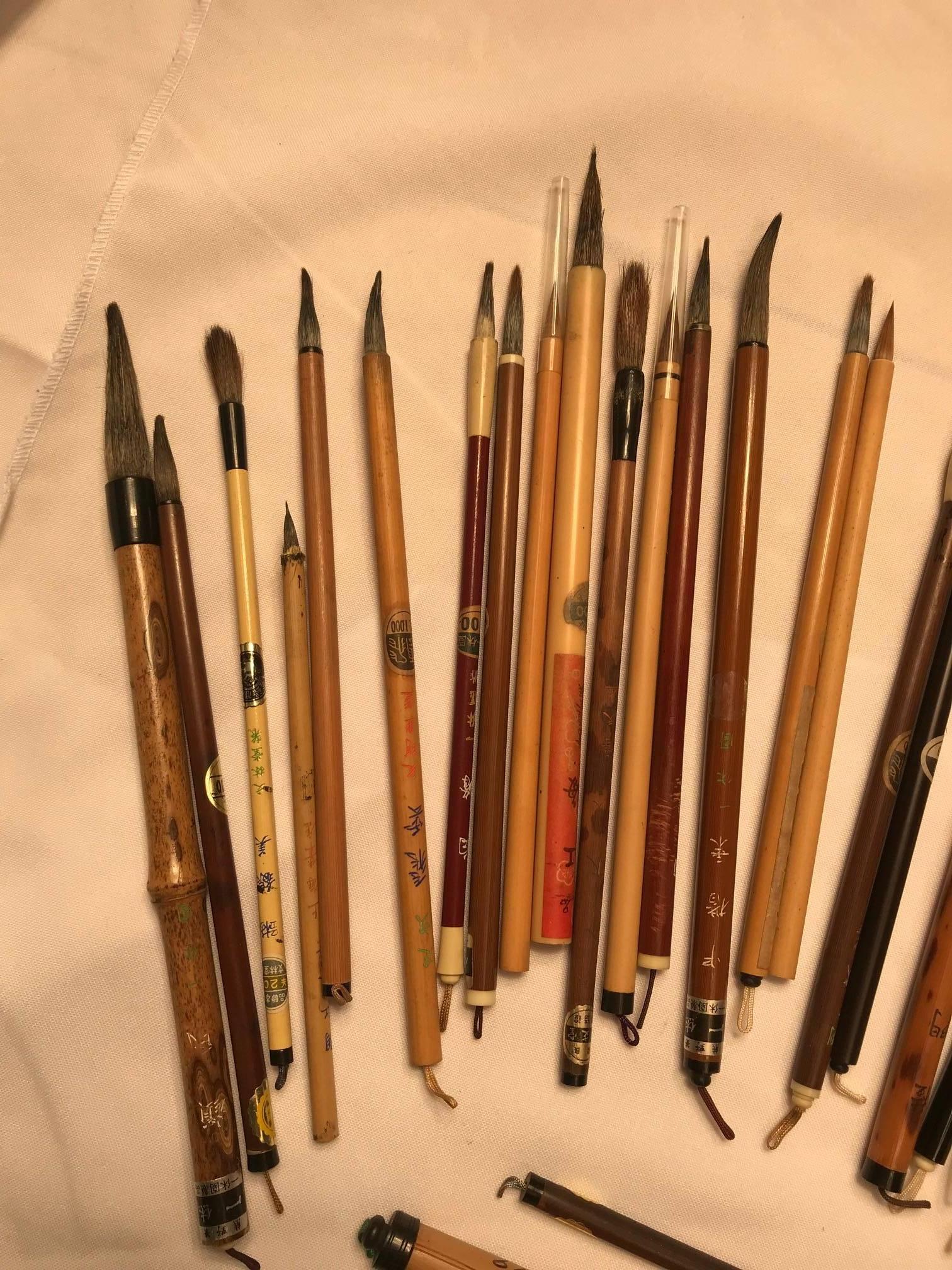 Hand-Crafted Artisan's Cache of 35 Old Chinese Paint Calligraphy Bamboo Brushes