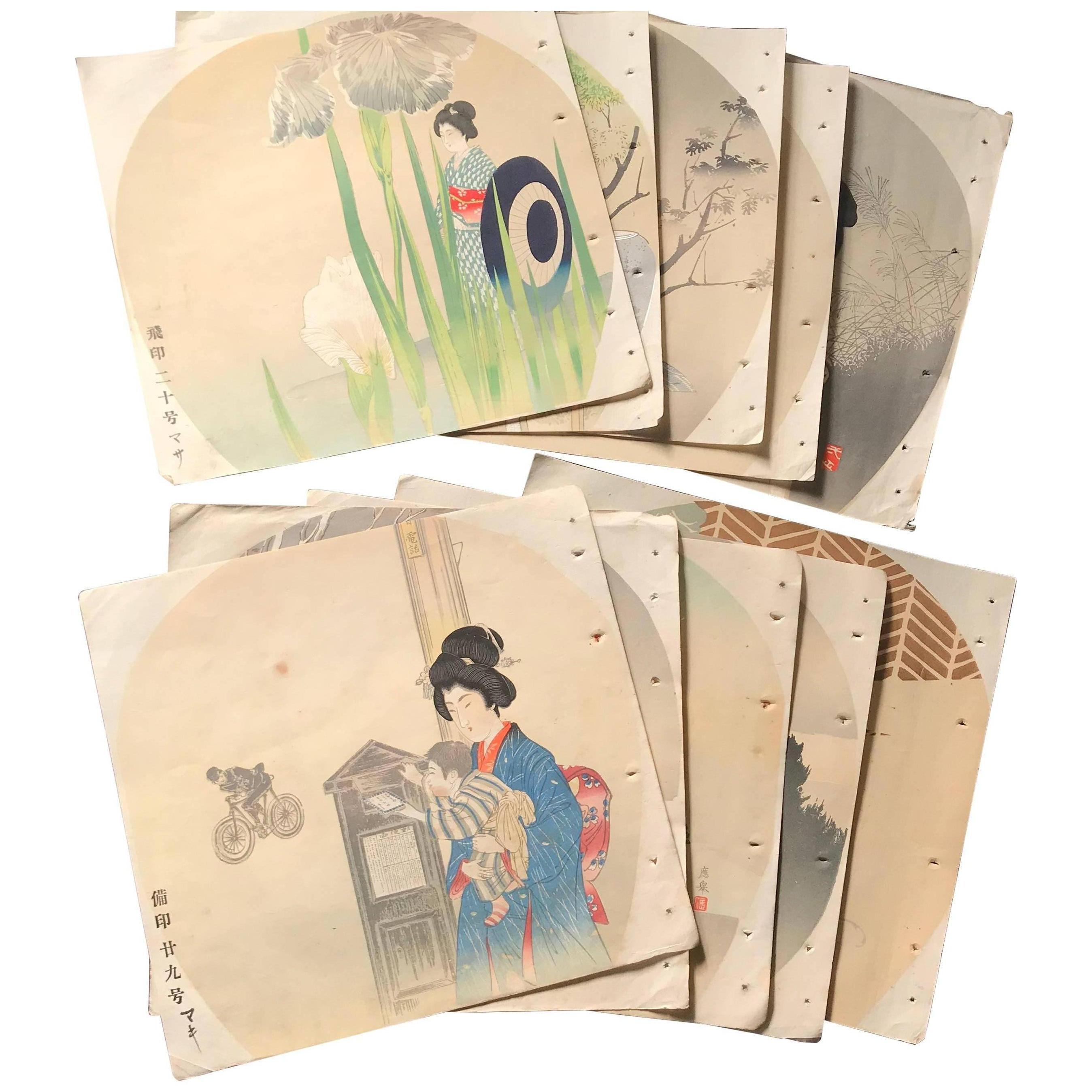 Japanese Antique Brilliant Colors Ten Woodblock Fan Prints Immediately Frameable