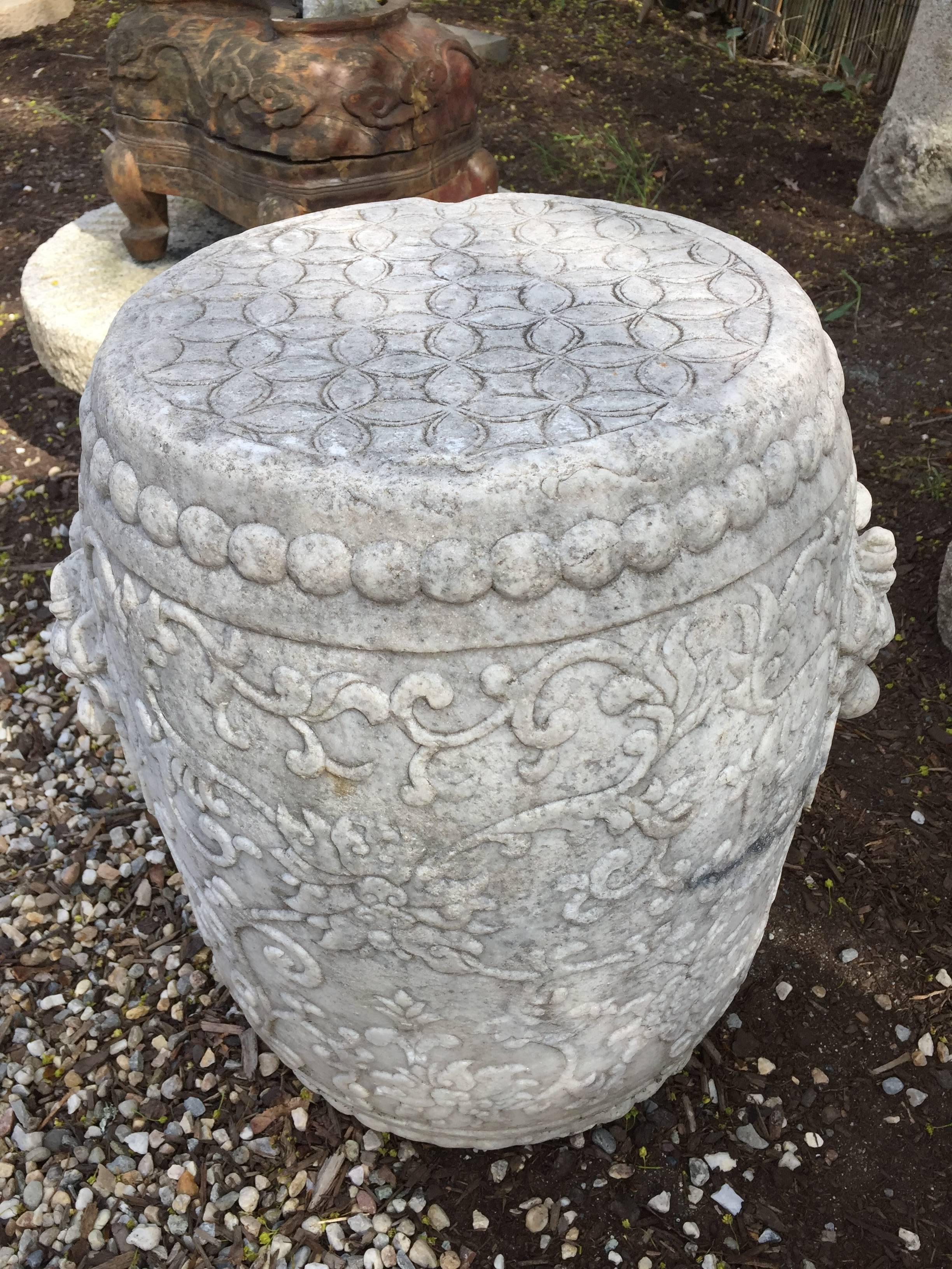 China Antique Hand-Carved Marble Garden Seats Drum Stools, Qing 19th Century  In Good Condition In South Burlington, VT