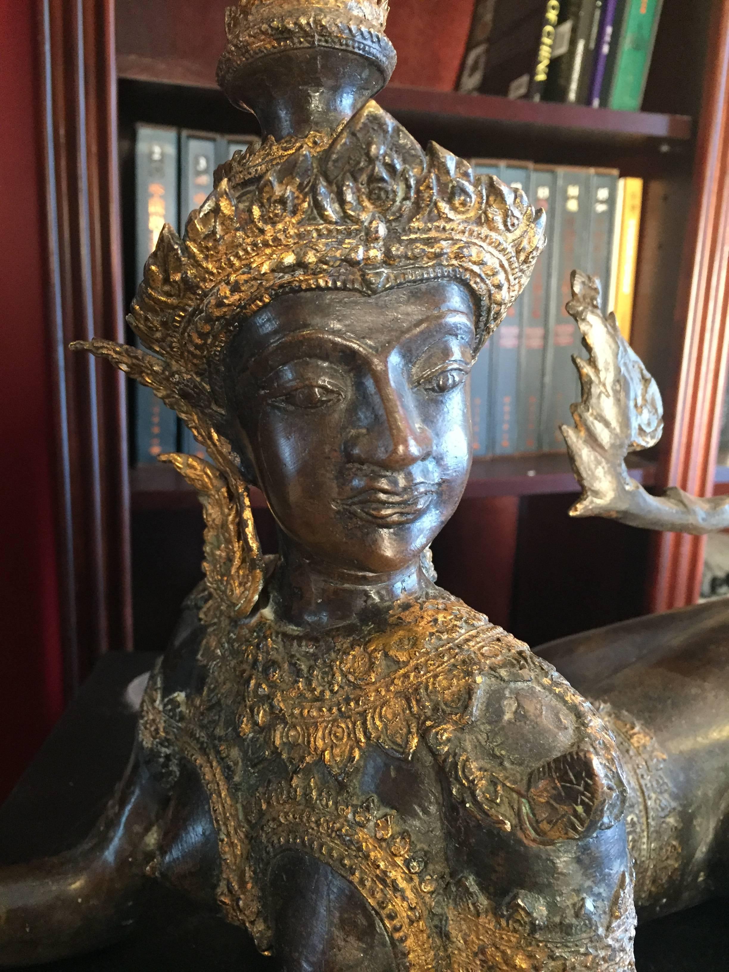 Thailand Antique Gilt Bronze Effigy of Kinnaris Mythical Lover of Dance Music In Good Condition In South Burlington, VT
