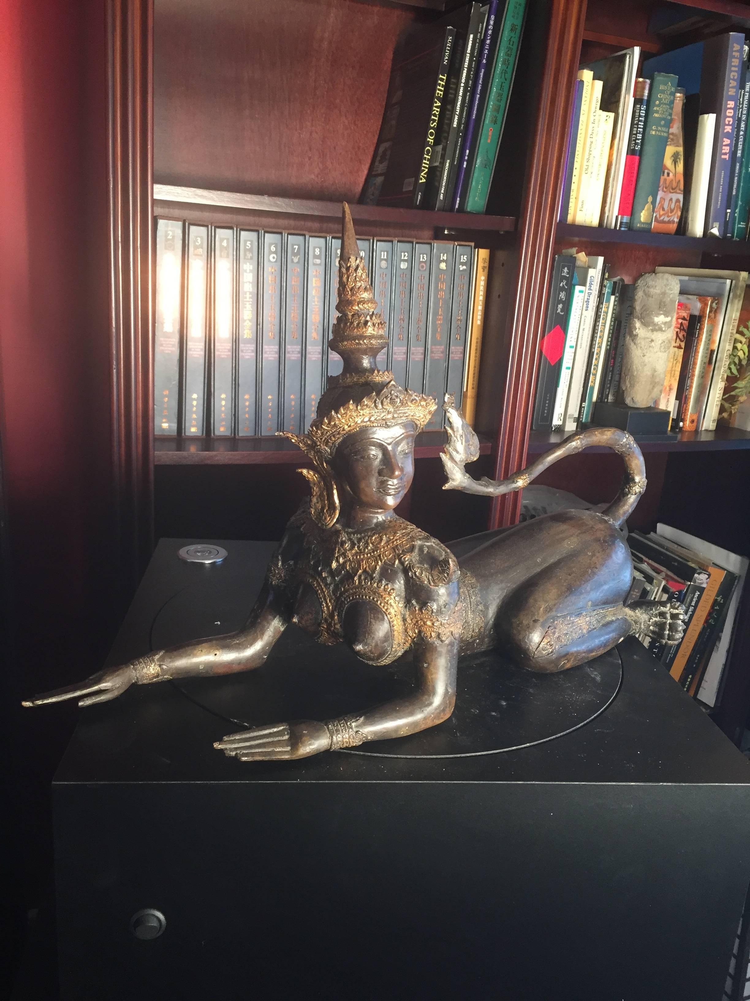 Qing Thailand Antique Gilt Bronze Effigy of Kinnaris Mythical Lover of Dance Music