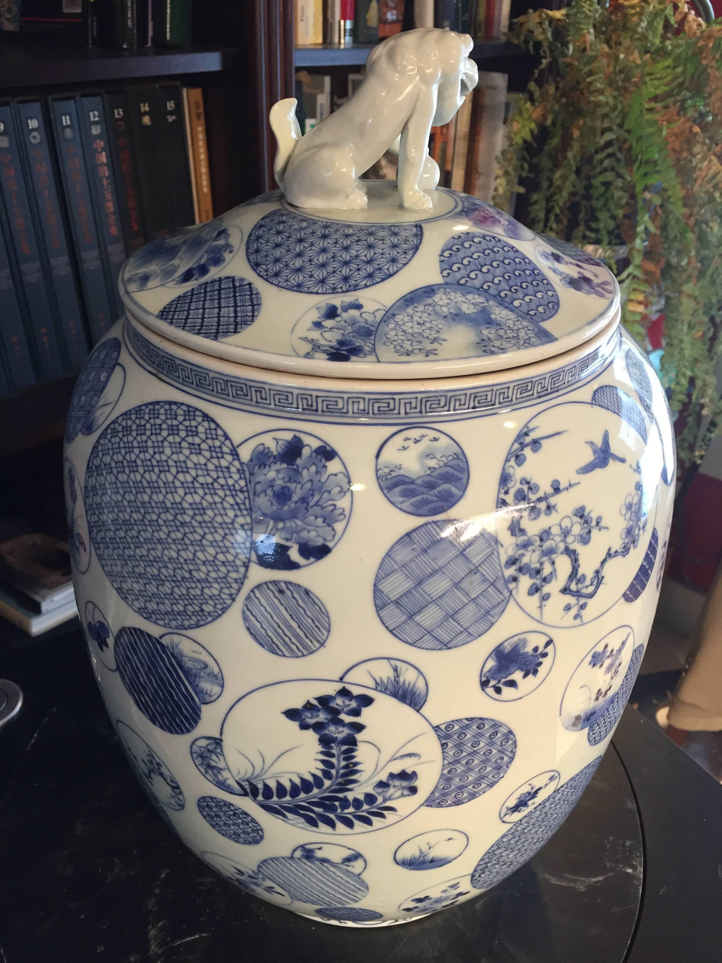 Hand-Crafted Japanese Big Antique Hand made hand glazed Blue White Porcelain Covered Jar