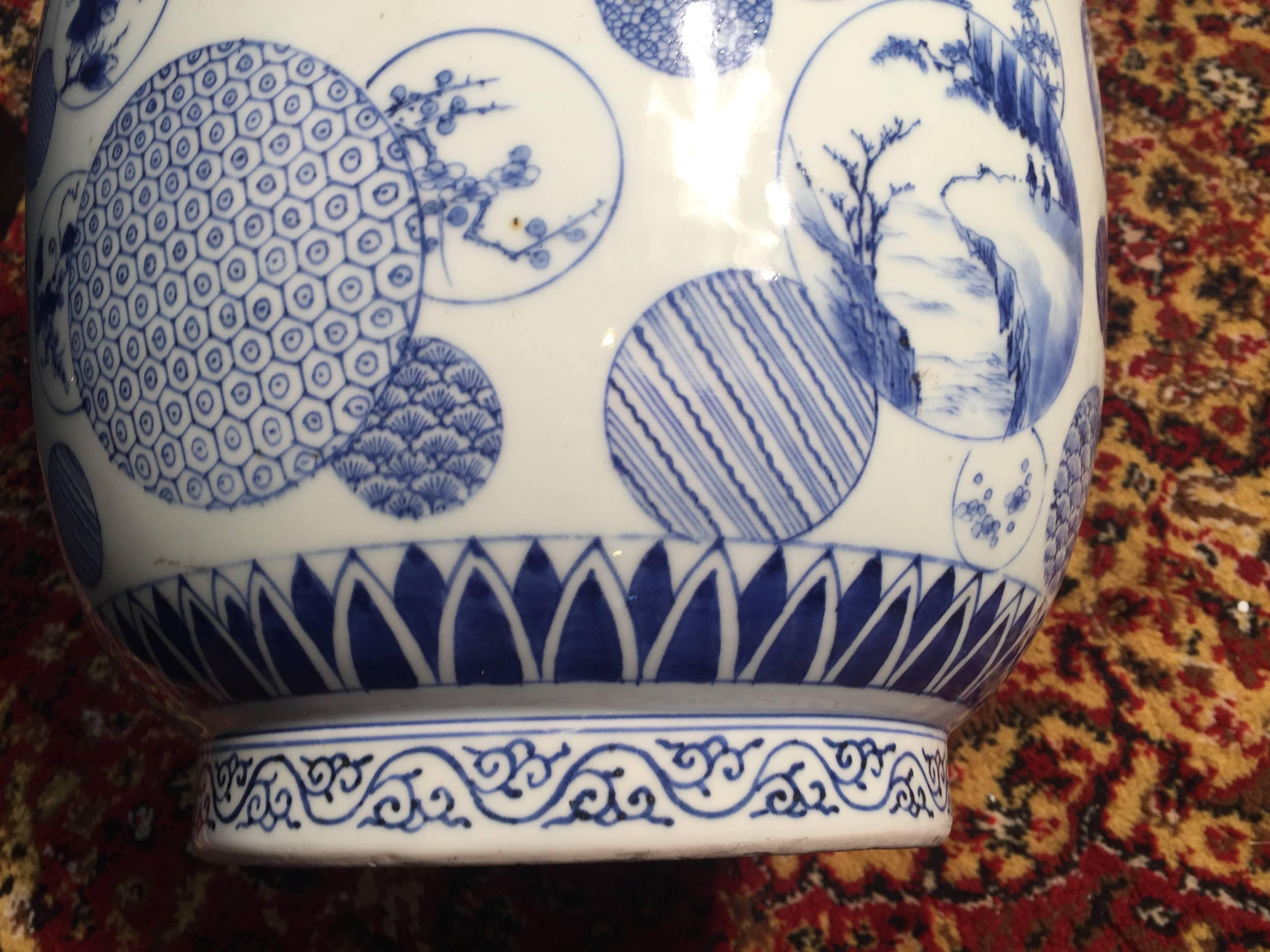 Pottery Japanese Big Antique Hand made hand glazed Blue White Porcelain Covered Jar