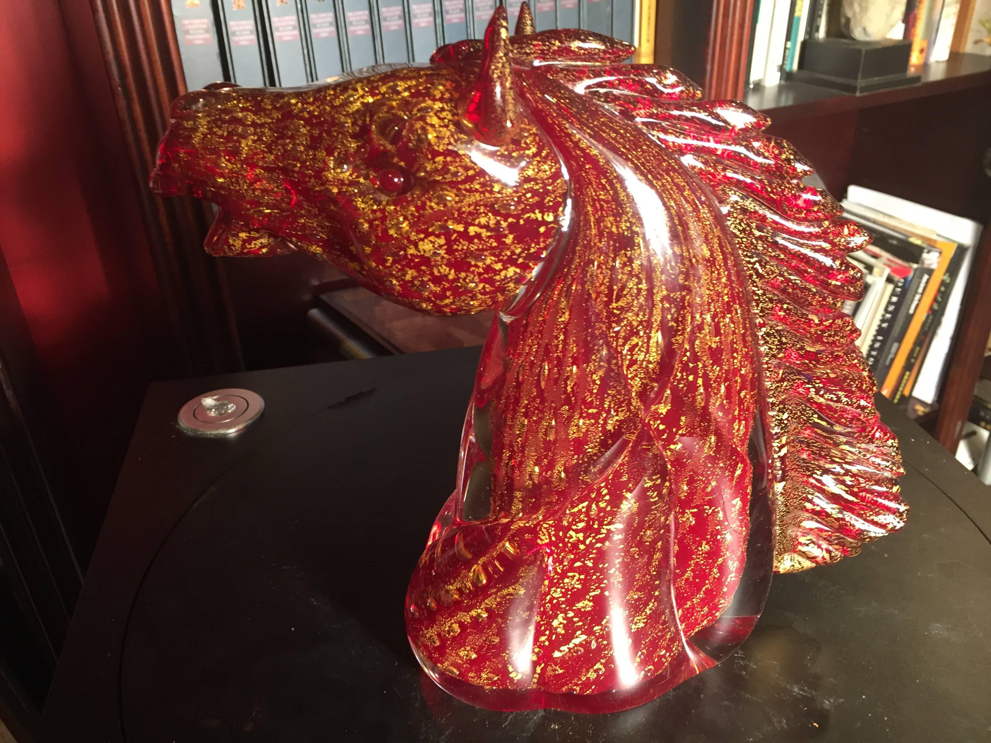 Superb Murano crafted red gold glass horse head, Giancarlo Signoretto  FREE SHIP In Excellent Condition In South Burlington, VT