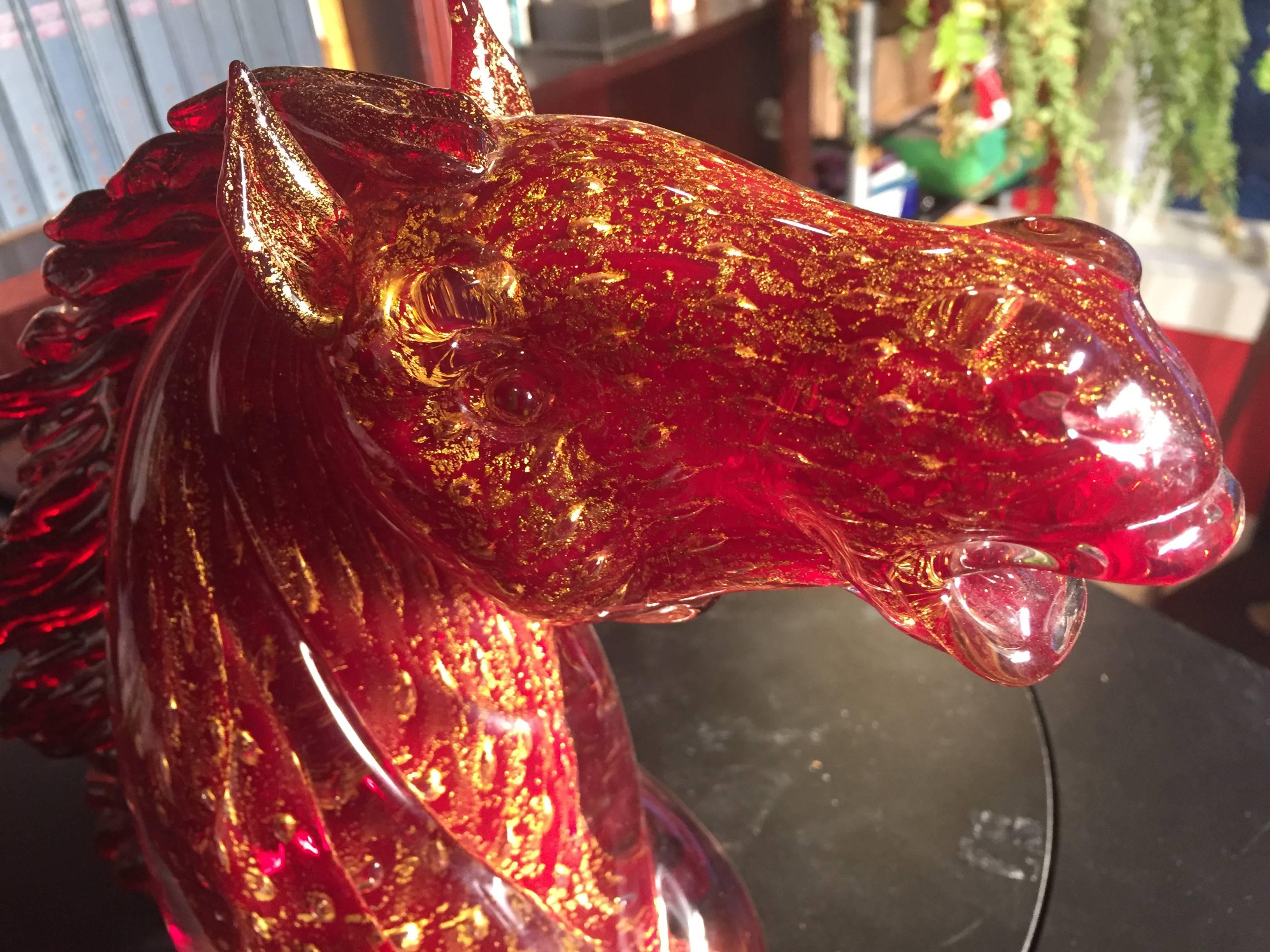 Italian Superb Murano crafted red gold glass horse head, Giancarlo Signoretto  FREE SHIP