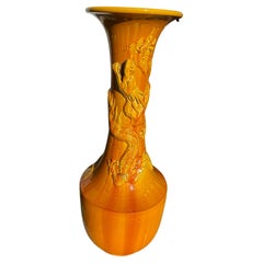 Japanese Tall Fine Antique Yellow Dragon Trumpet Vase, 29 Inch