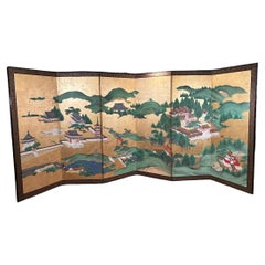 Japanese Antique Stunning Hand Painted Green Gardens, Pagodas, Lanterns Screen