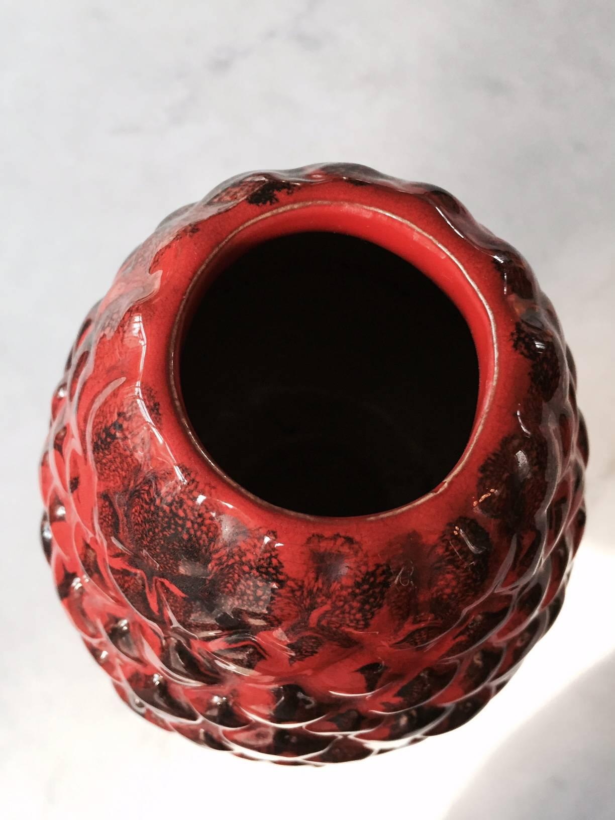 Glazed Mid-Century Big Italy Red Orange Pineapple Ceramic Vase Center Piece 