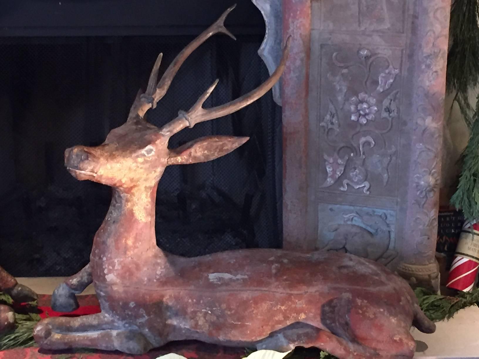 Large Antique Hand-Carved Temple & Folkart Deer, 19th Century  In Good Condition In South Burlington, VT