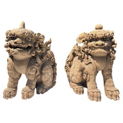 Japan Important Large Pair Early Shinto Temple Lions Hand-Carved, 18th Century
