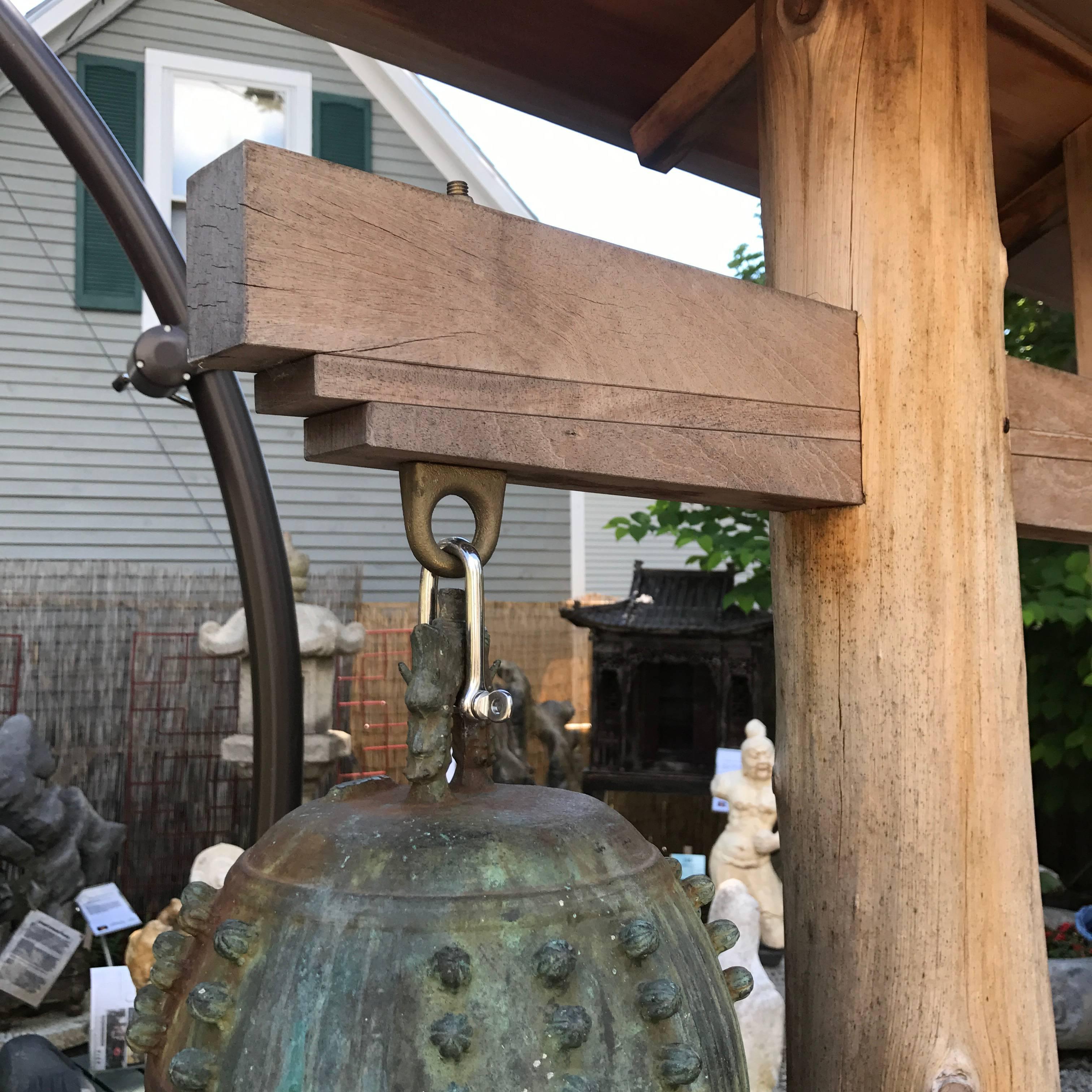 Japan Unique Antique Cast Bronze Temple Bell and Craftsman Designed Wood Tower In Excellent Condition In South Burlington, VT