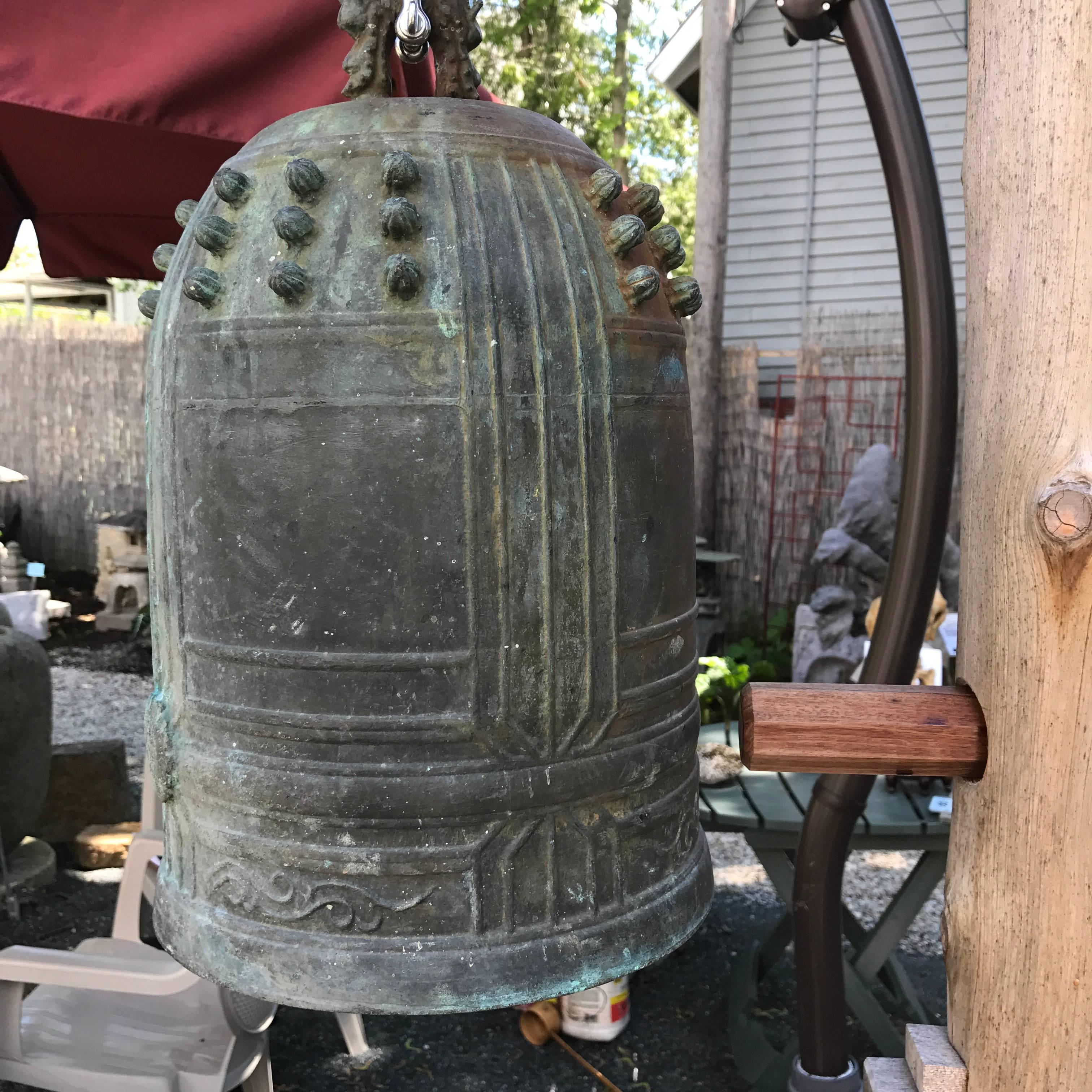 Japan Unique Antique Cast Bronze Temple Bell and Craftsman Designed Wood Tower 1