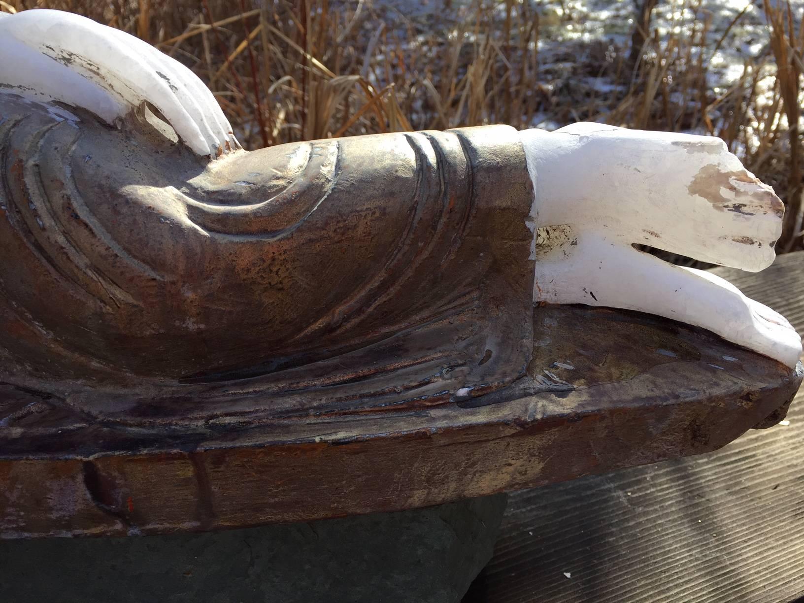 Beautiful Vintage Hand-Carved Reclining Stone Garden Buddha Hand Gilt 2