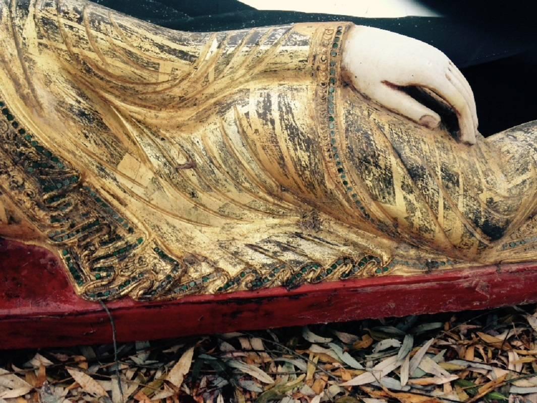 20th Century Beautiful Vintage Hand-Carved Reclining Stone Garden Buddha Hand Gilt