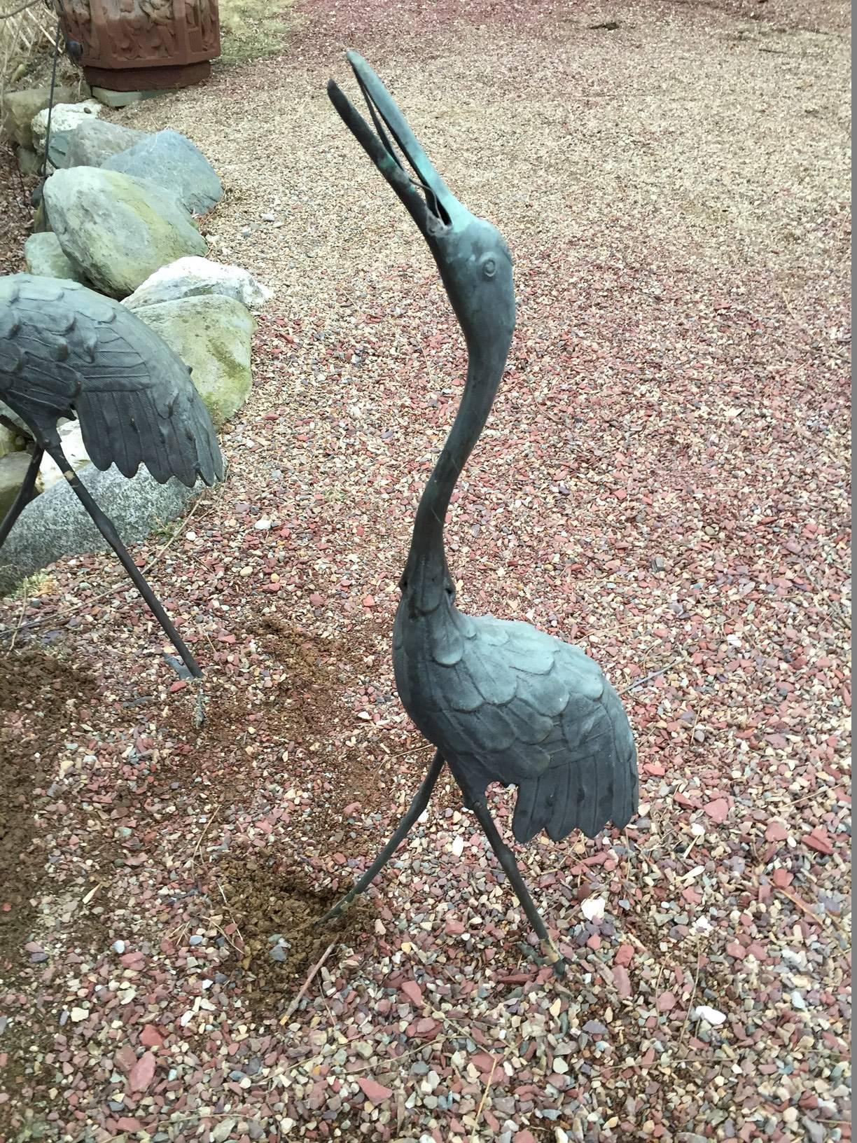 Hammered Japan Three Antique blue & green patinated bronze garden cranes Meiji era