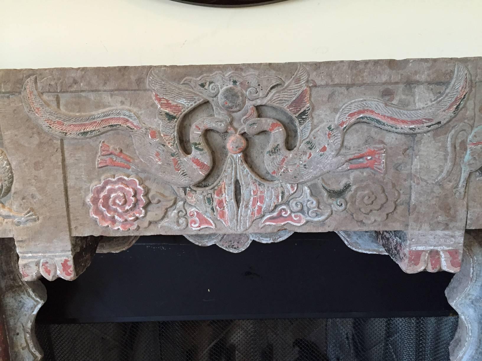 Qing Chinese Antique Stone Mantle Dragons, Horses, Birds, Flowers 18th-19th Century