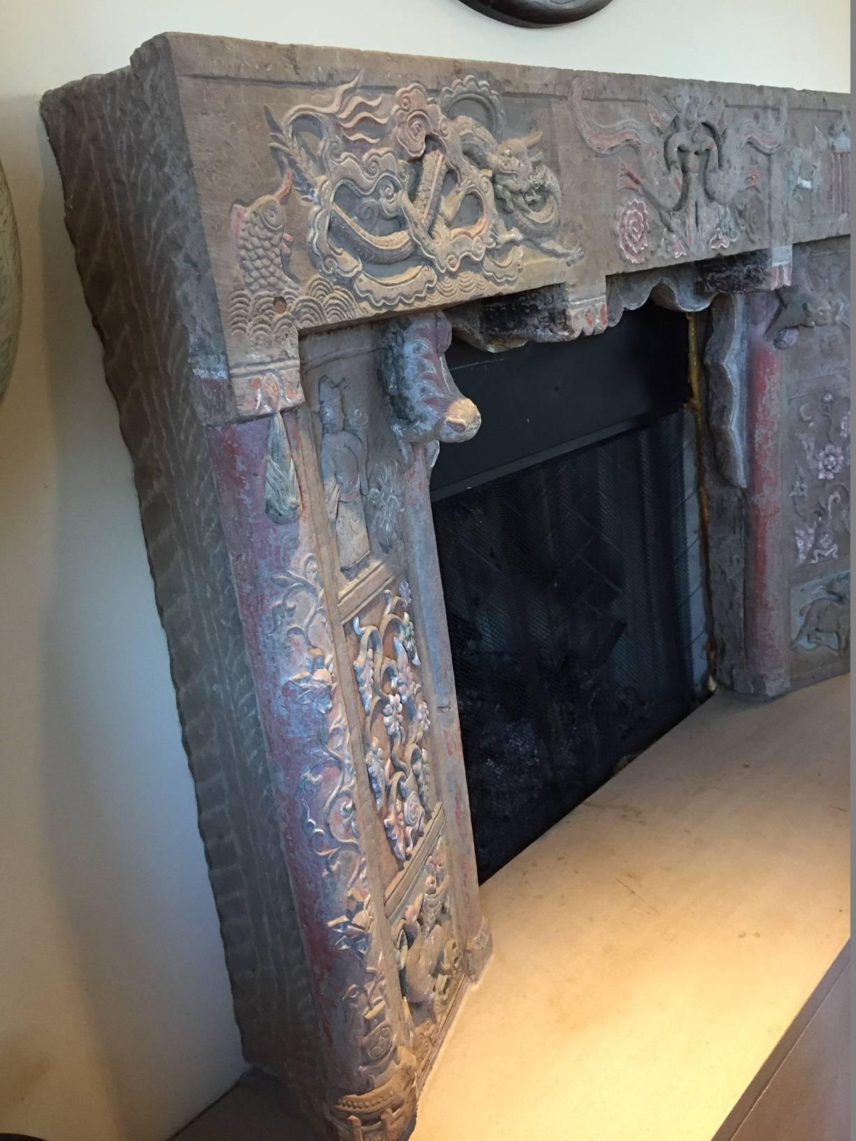 Chinese Antique Stone Mantle Dragons, Horses, Birds, Flowers 18th-19th Century In Good Condition In South Burlington, VT