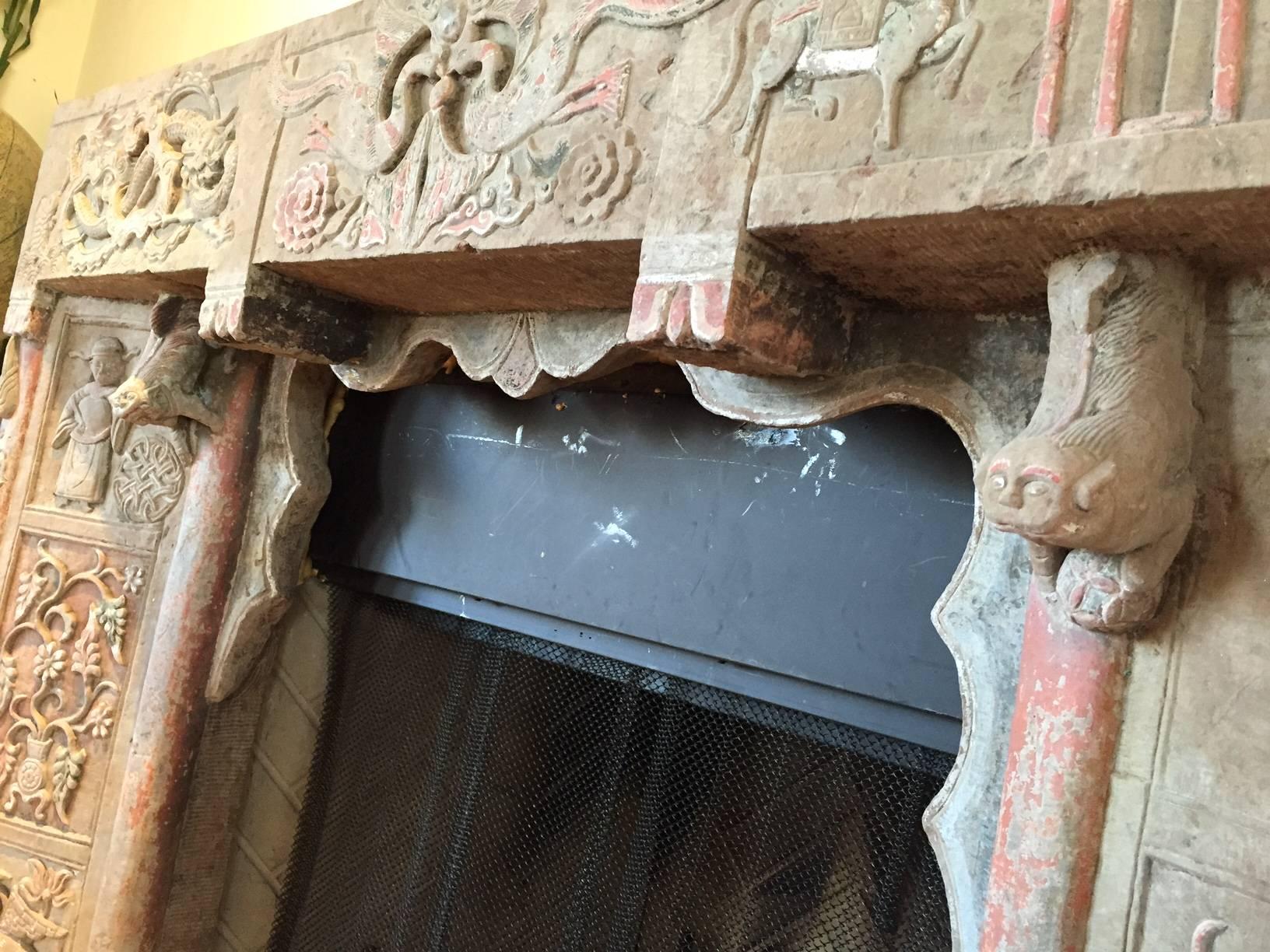 Chinese Antique Stone Mantle Dragons, Horses, Birds, Flowers 18th-19th Century 2