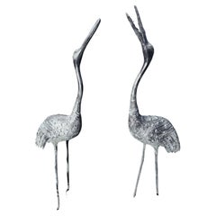 Japanese Set Two Antique Large And Elegant Bronze Red Crested Garden Cranes