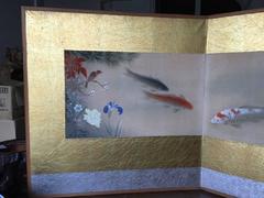 Japanese Antique Screen Koi Fish Flowers Birds blue, red, green FREE SHIPPING