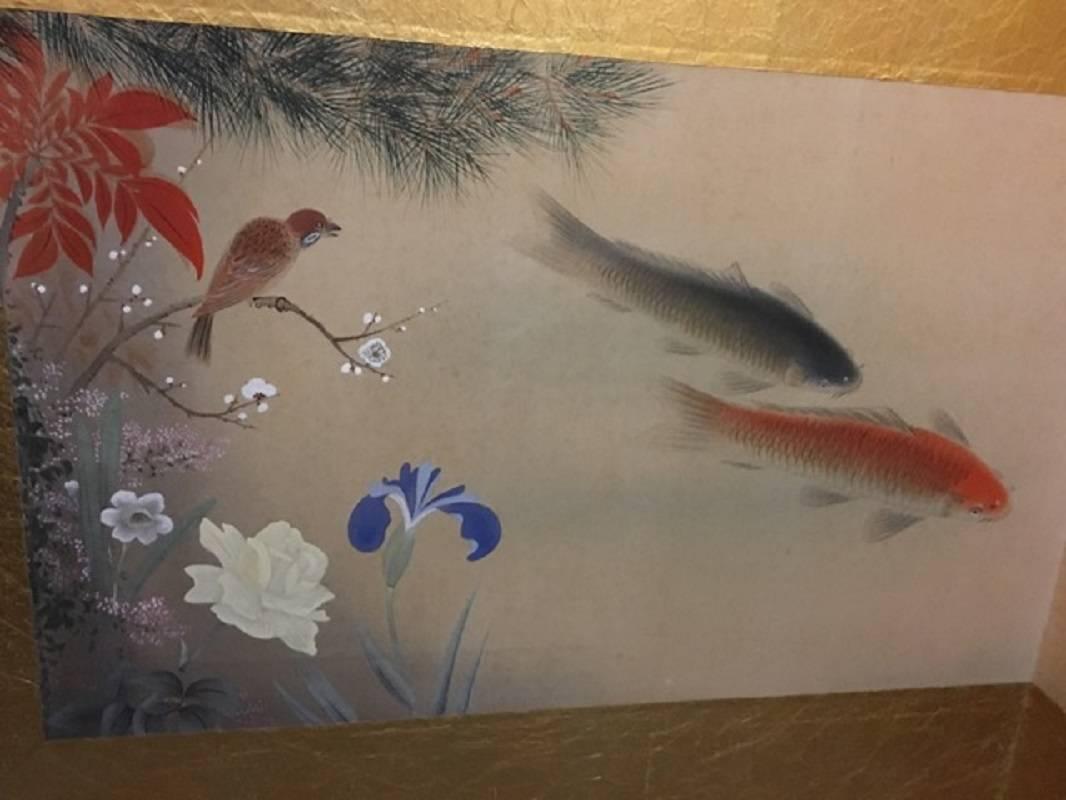 Showa Japanese Antique Screen Koi Fish Flowers Birds blue, red, green FREE SHIPPING