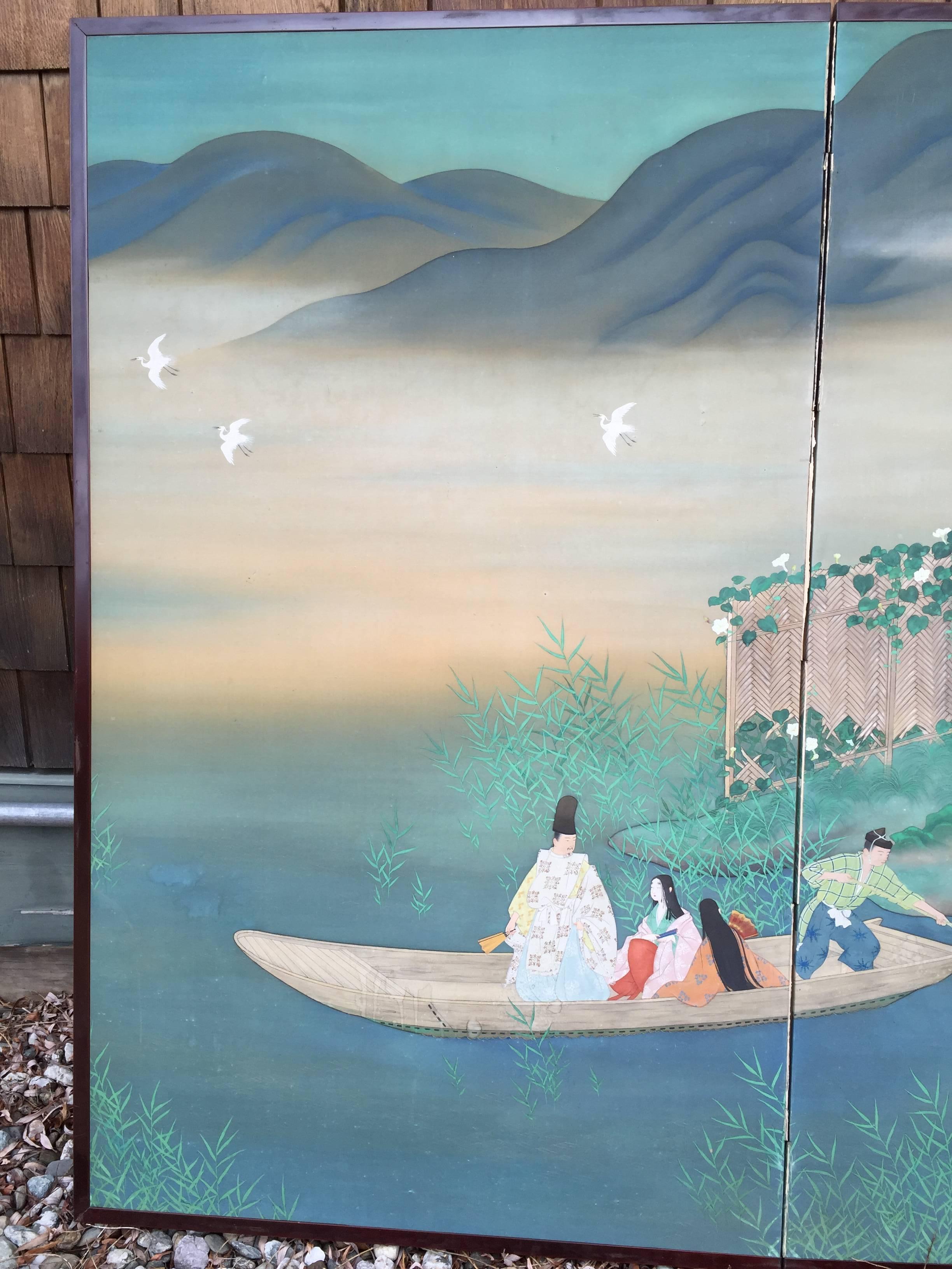 Japan fine hand painted two panel tea screen byobu ink on silk, Boating & Birds on Mountain Blue Lake

This is a captivating  folding two-panel screen dating to late Taisho to early Showa period, 1920s-1940s.

It is signed Raikan. 

A black