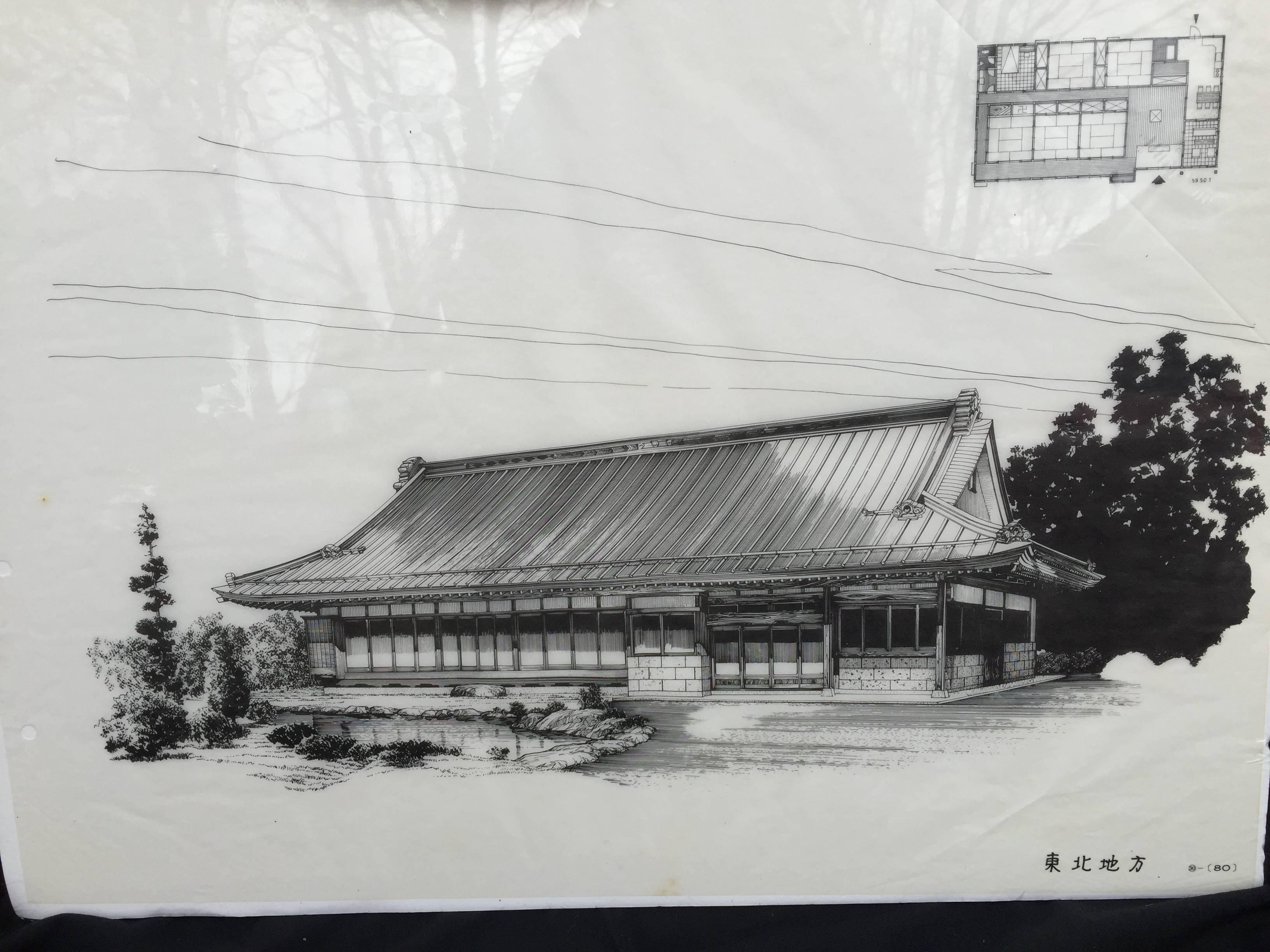 Japanese Japan Fine Pair Antique BUILDING Prints Mid-Century Modern- ready to frame