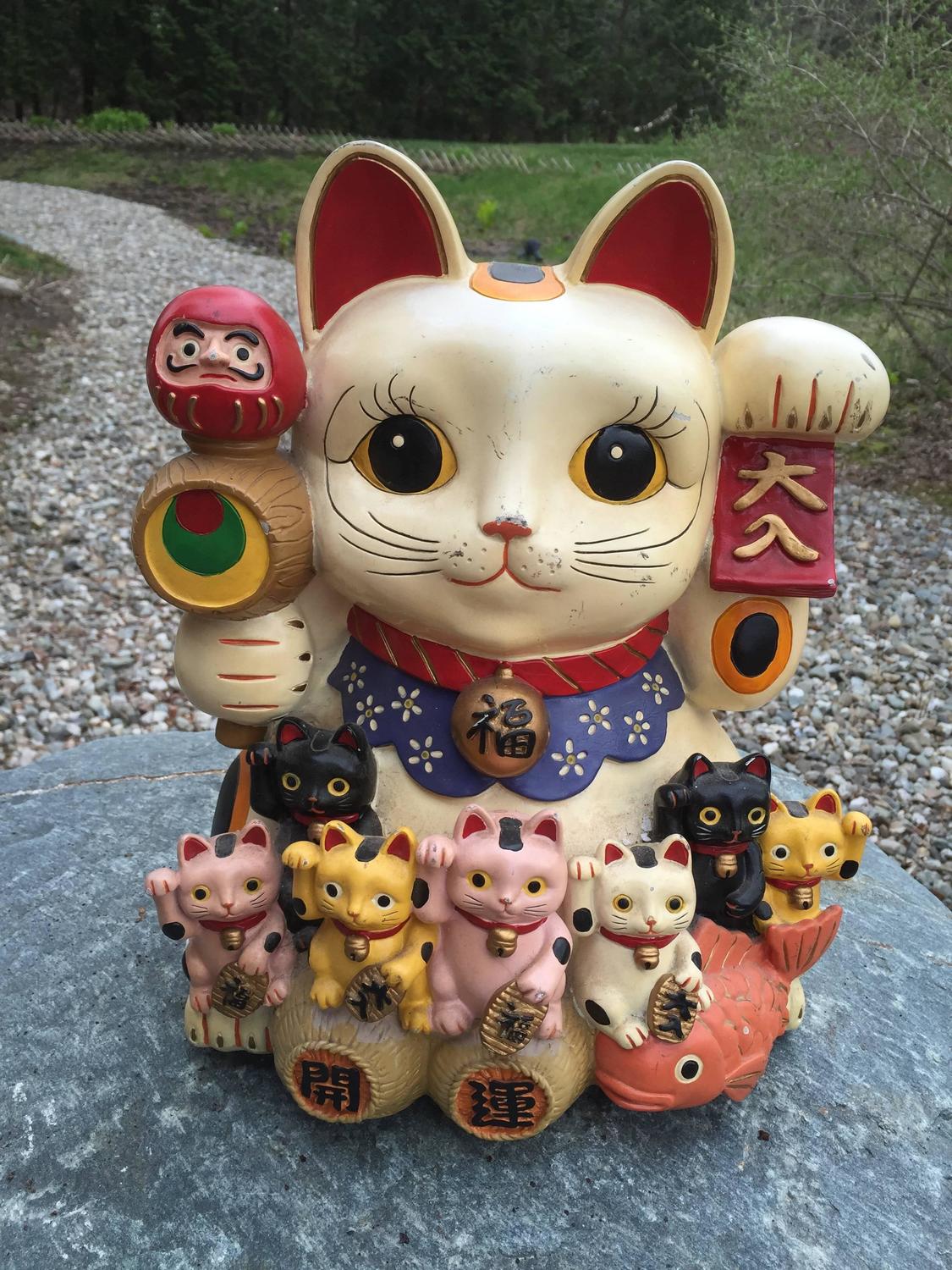 Japanese Big Red and Blue Antique Good Fortune Money Cats Maneki Neko