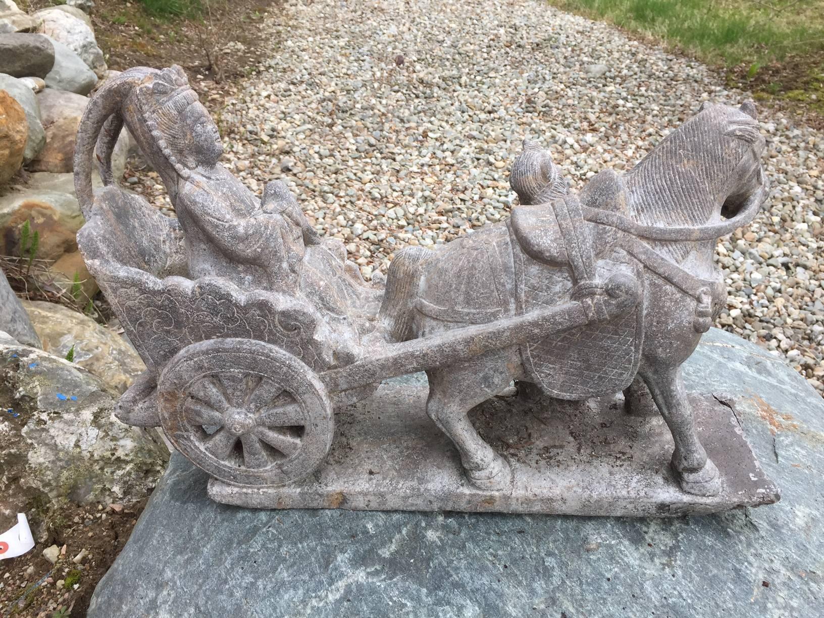 Hand-Carved Chinese Stone Horse and Chariot Sculpture from Old Japanese Garden