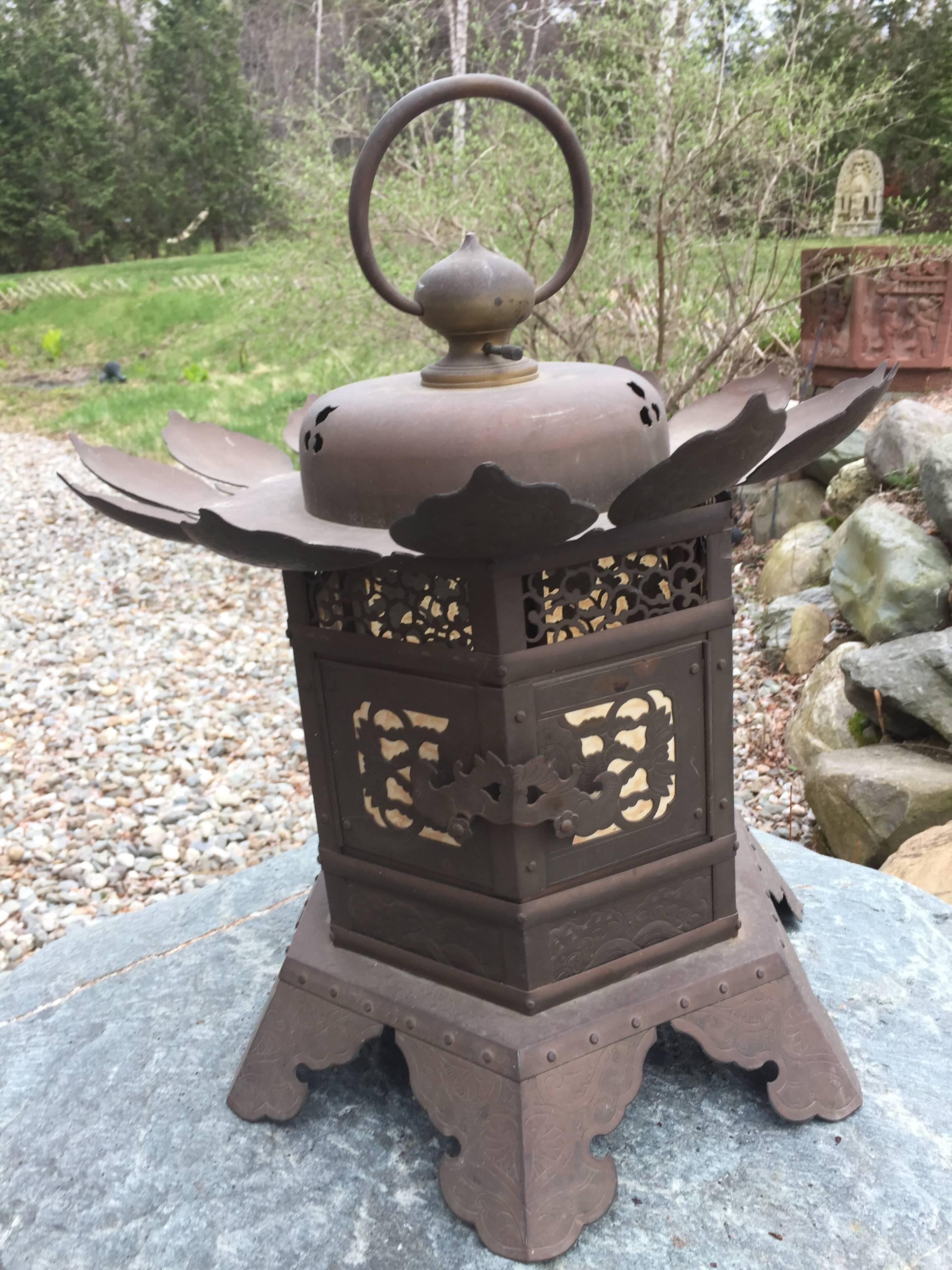 Showa Japanese hand made Antique Lantern  with fine lotus motif 