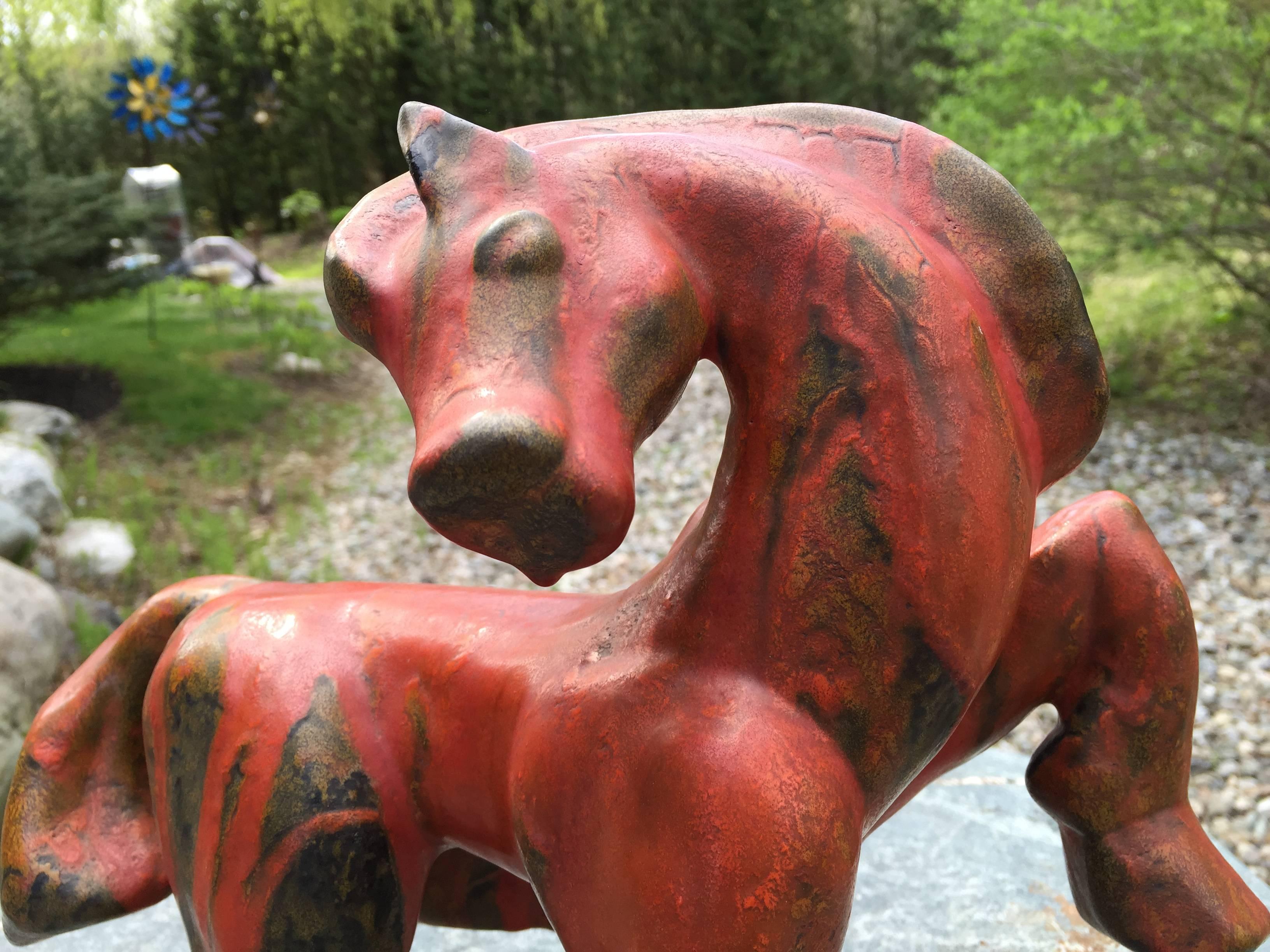 This is a large-scale master work and ceramic effigy of a horse or pony -a wonderful hand glazed modernist work of art possibly by the highly regarded Scheurich German pottery kiln mid last century. It is in virtually mint condition. Beautiful