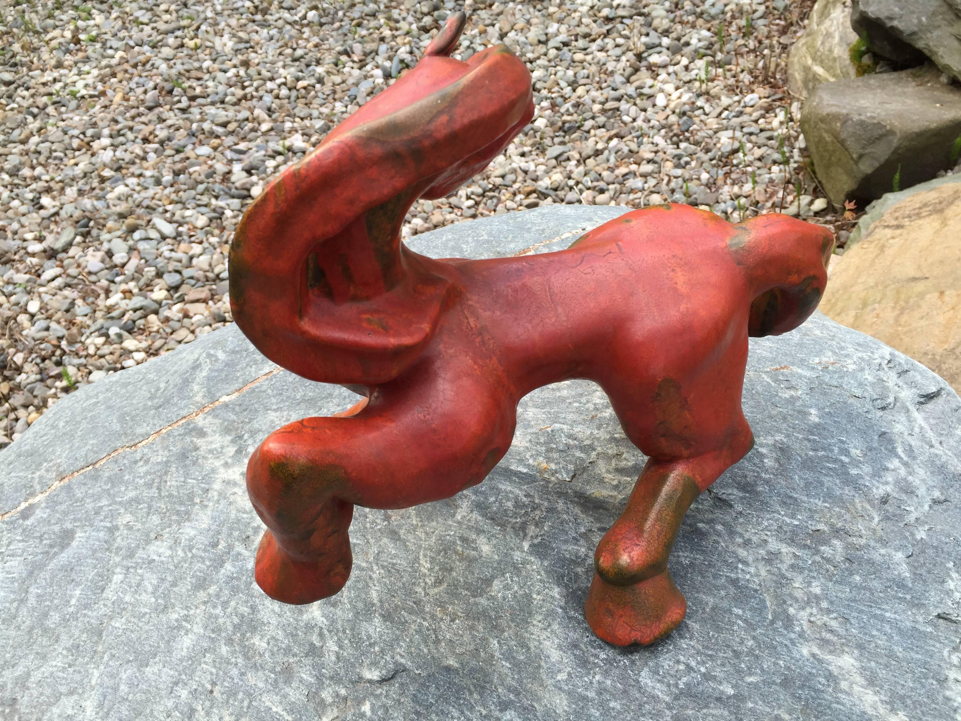 Hand-Painted Master Work Handcrafted Horse Red Pony Gorgeous Tomato Glaze Mid-Century