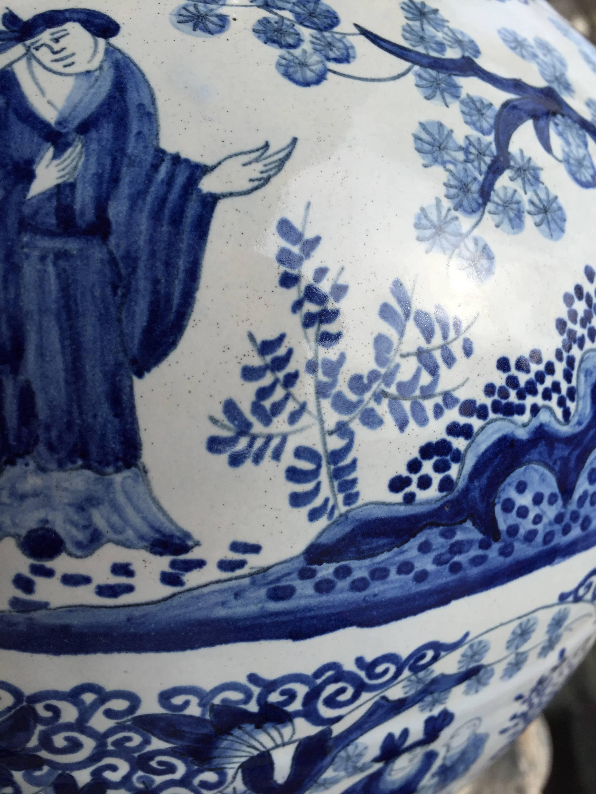 Porcelain Beautiful Antique Hand-Painted Blue and White  Chinoiserie Vase, 19th Century