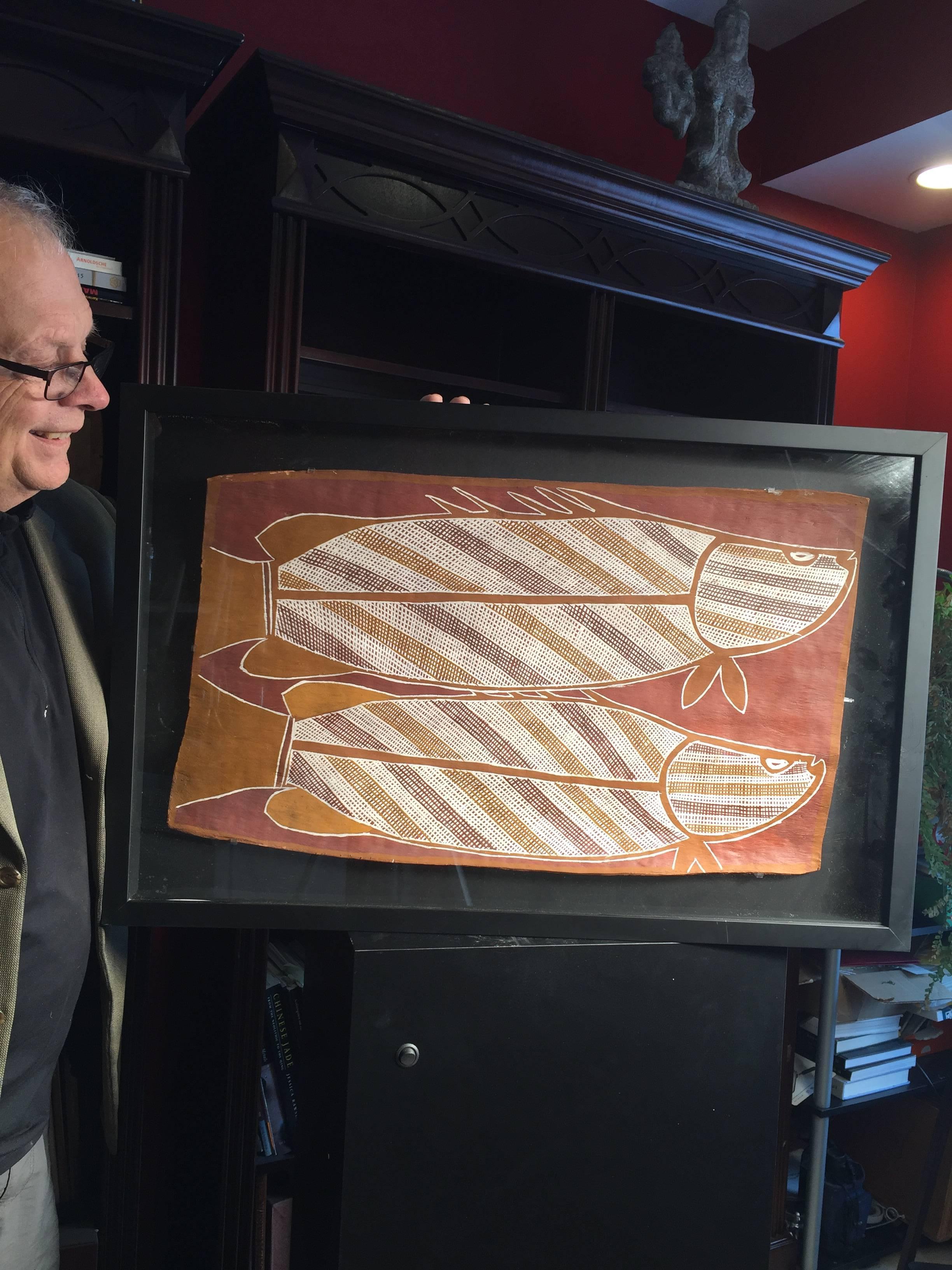A monumental Australian aboriginal double fish bark painting of Barramundi (sea bass) by artist Campyon, Northern Territories dating some 35 years ago. 

Condition: Mint condition.

Quality:  Superb rendering in classic cross hatch style recently