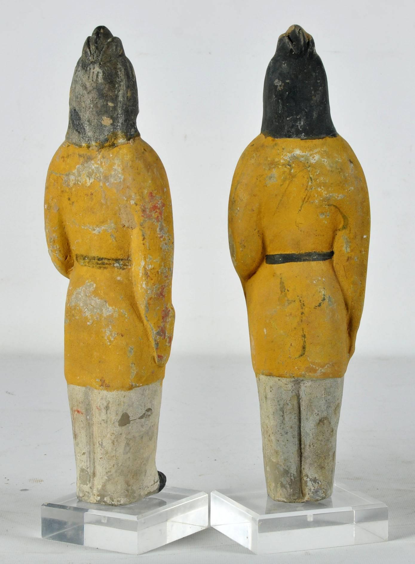 Hand-Painted Ancient China pair Military officers handsome 1400 year old sculptures yellow
