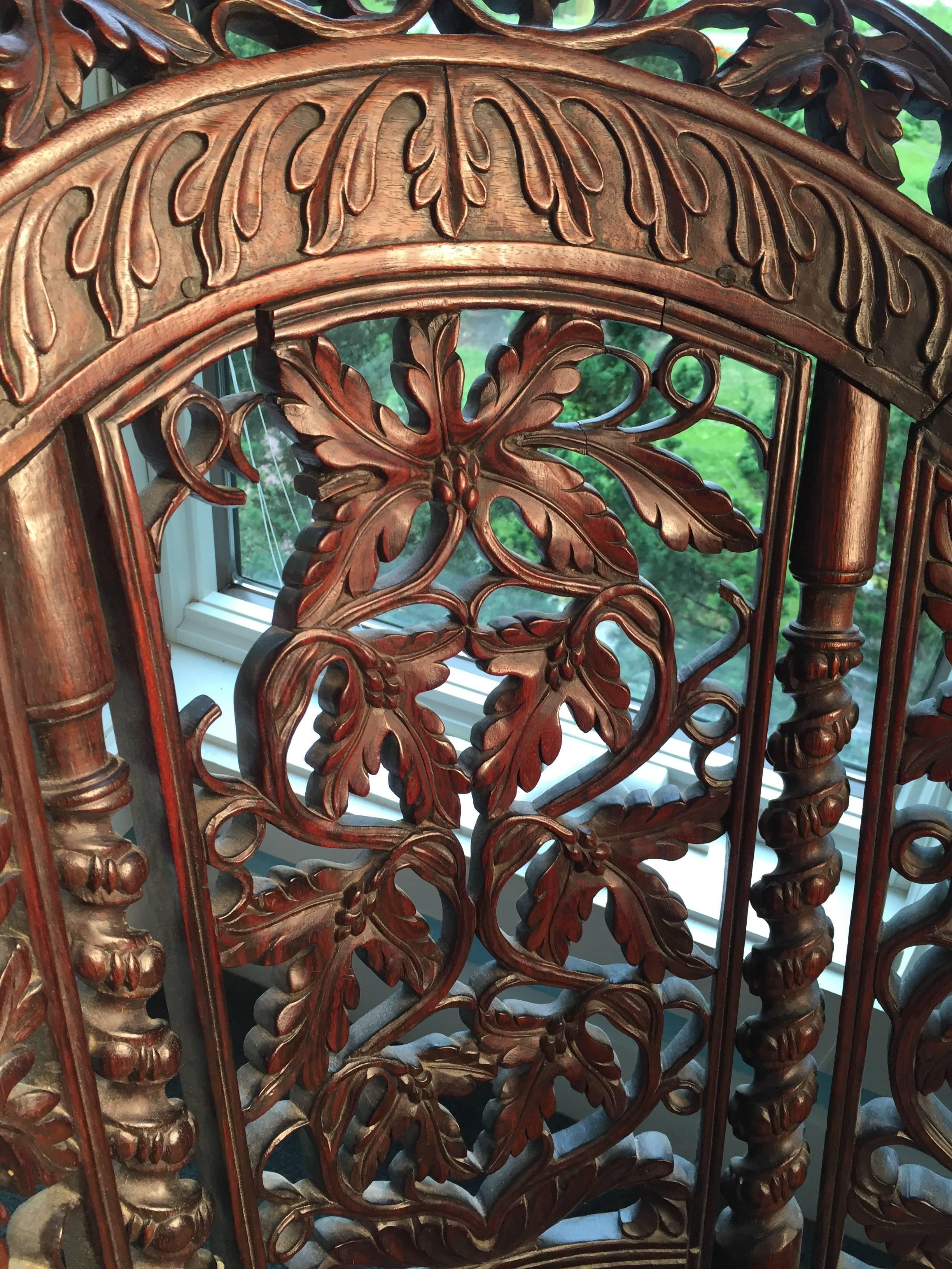 Hand-Carved Anglo-Indian Wood Settee Prolific Flowers and Grape Design 19th century.  